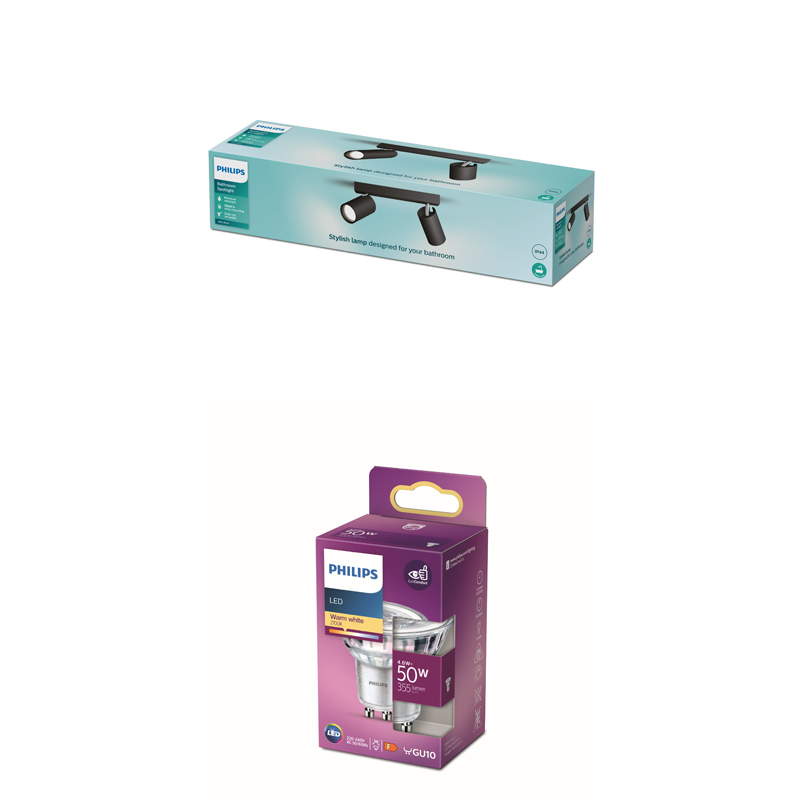 Deux boîtes de produits Philips sont présentées, un spot de salle de bain et une ampoule LED GU10.