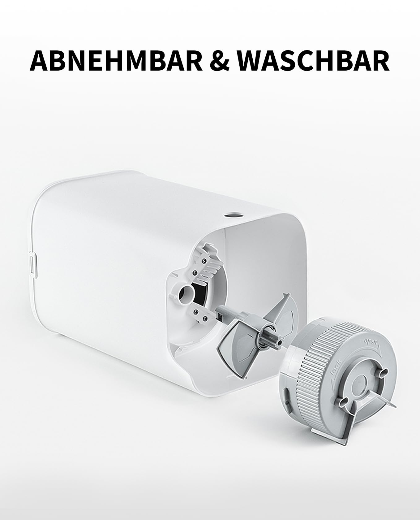 Distributeur de nourriture pour animaux blanc avec réservoir amovible, turbine et bouchon.