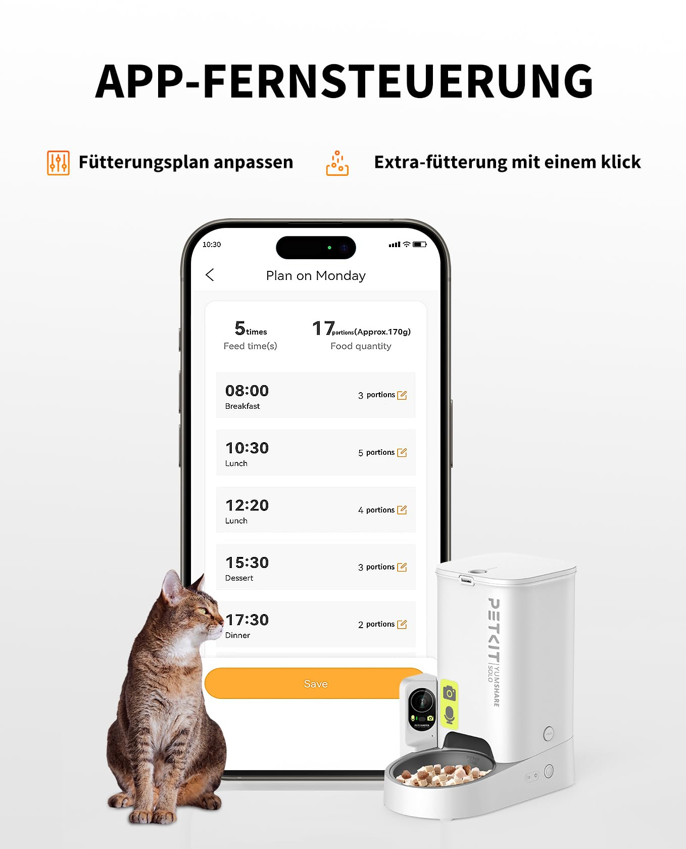 Smartphone affichant une appli de nourriture, un chat et un distributeur.