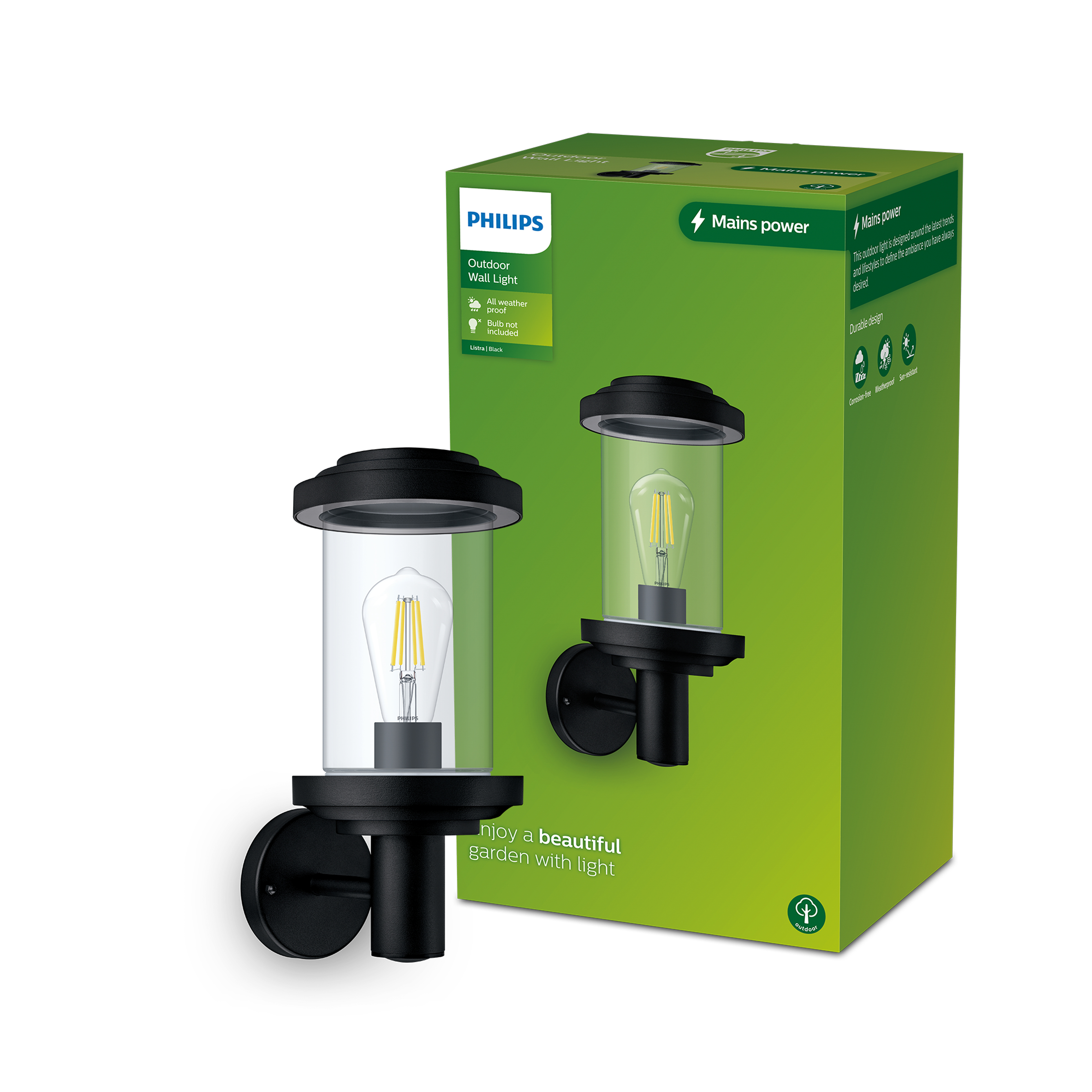 Een zwarte Philips buitenwandlamp met glazen cilinder voor zijn groene verpakking.