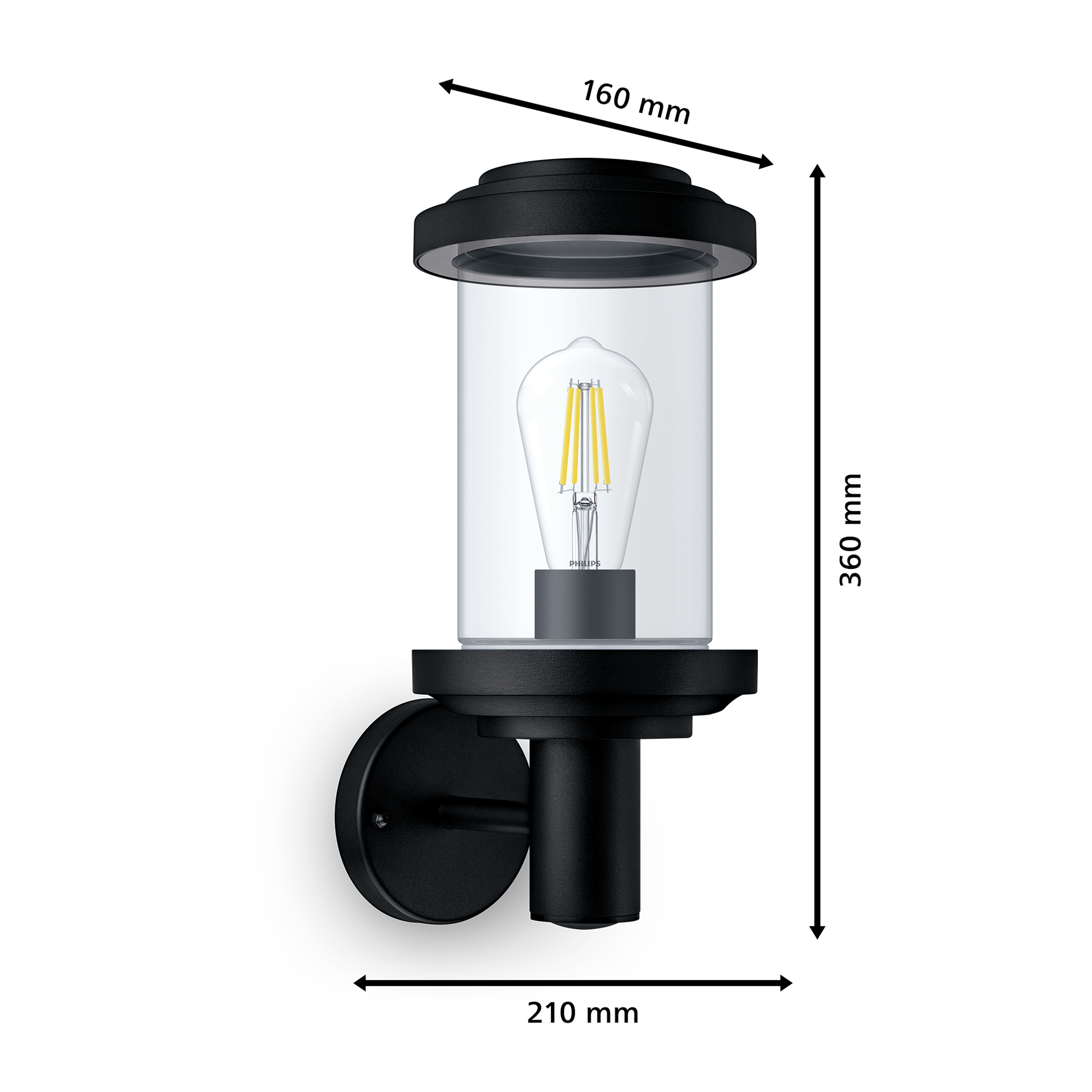Zwarte buitenwandlamp met glazen cilinder, filamentlamp en afmetingen 160x360x210 mm op een witte achtergrond.