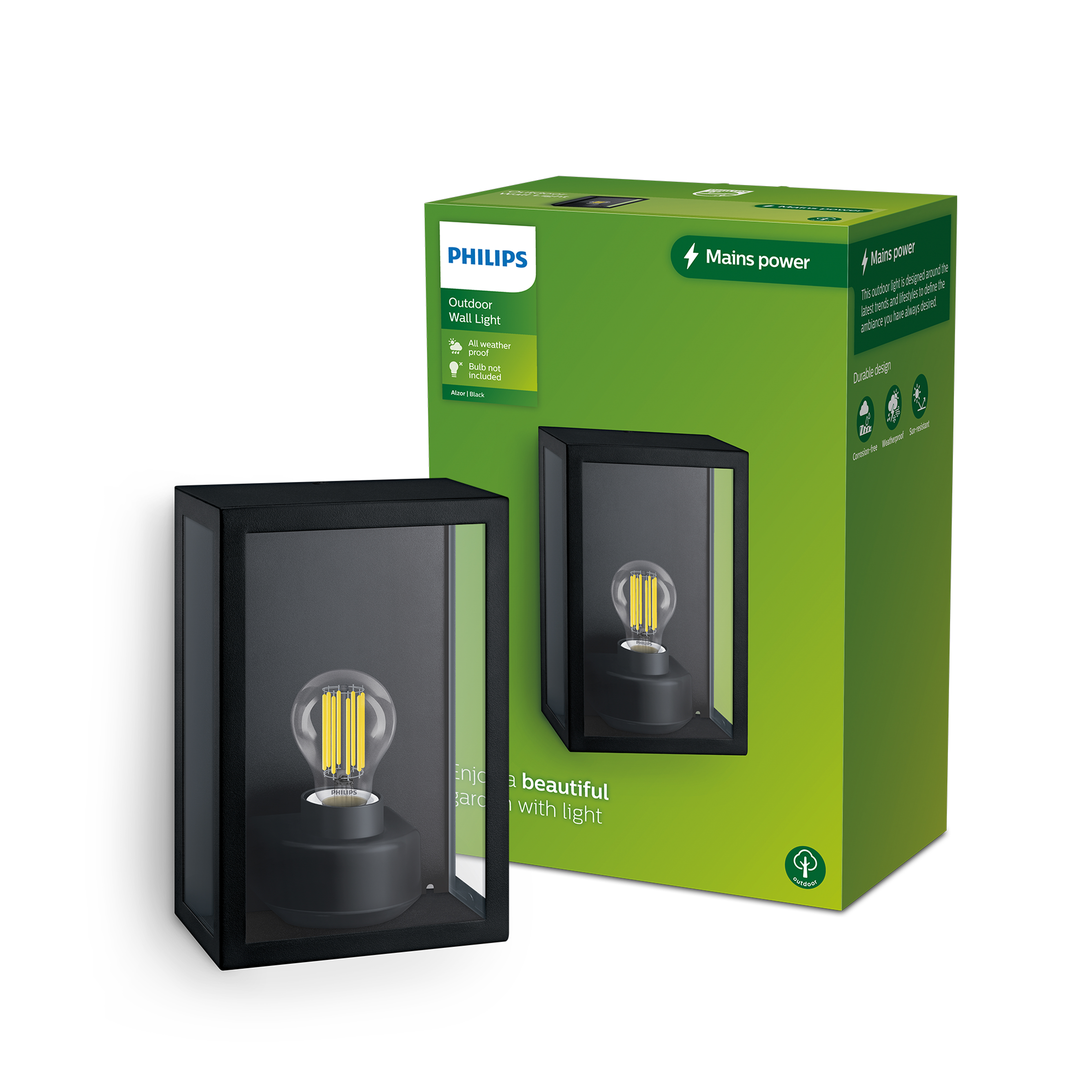Une applique murale extérieure Philips noire avec ampoule à filament, devant sa boîte d'emballage verte.