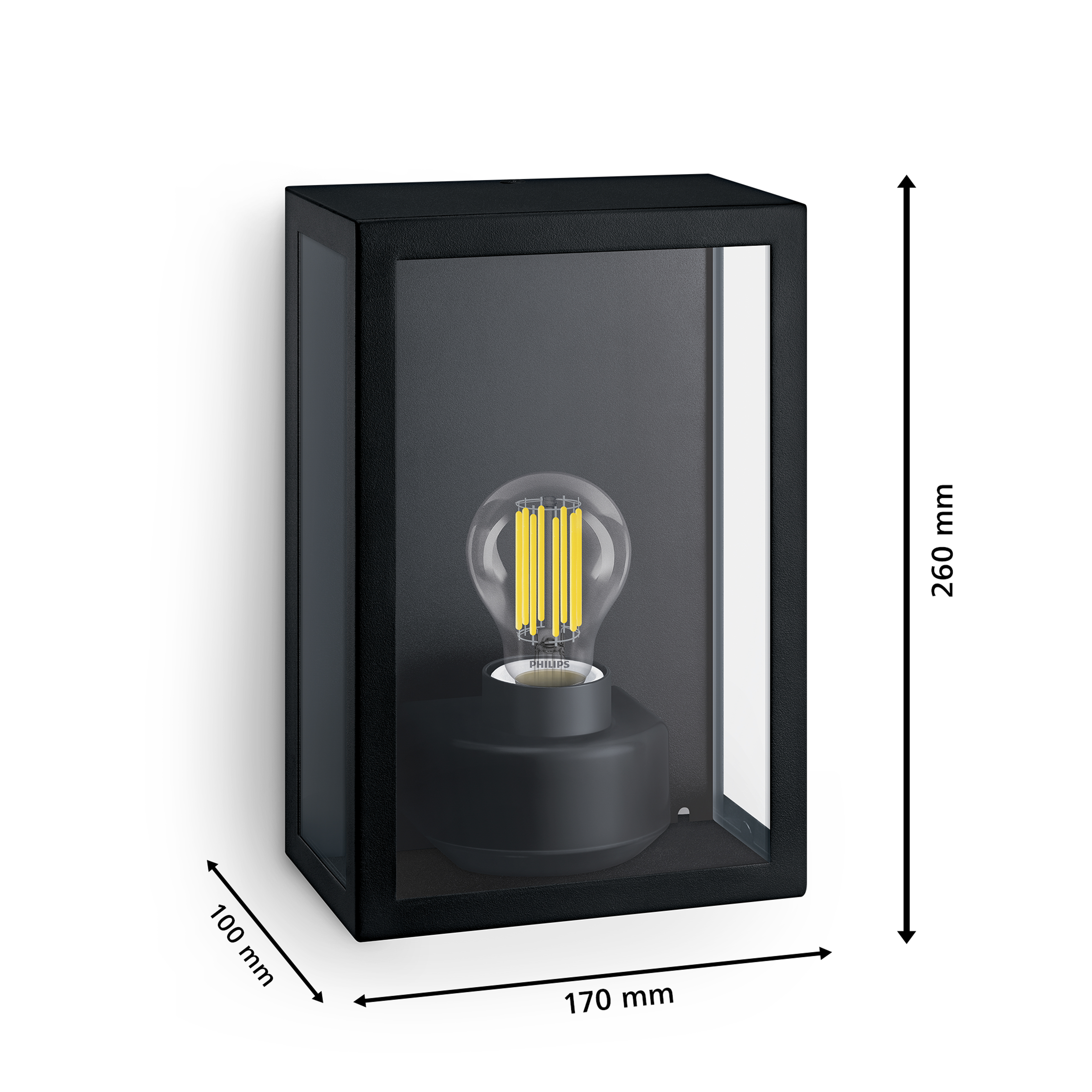 Applique murale extérieure noire avec vitres, ampoule et dimensions.