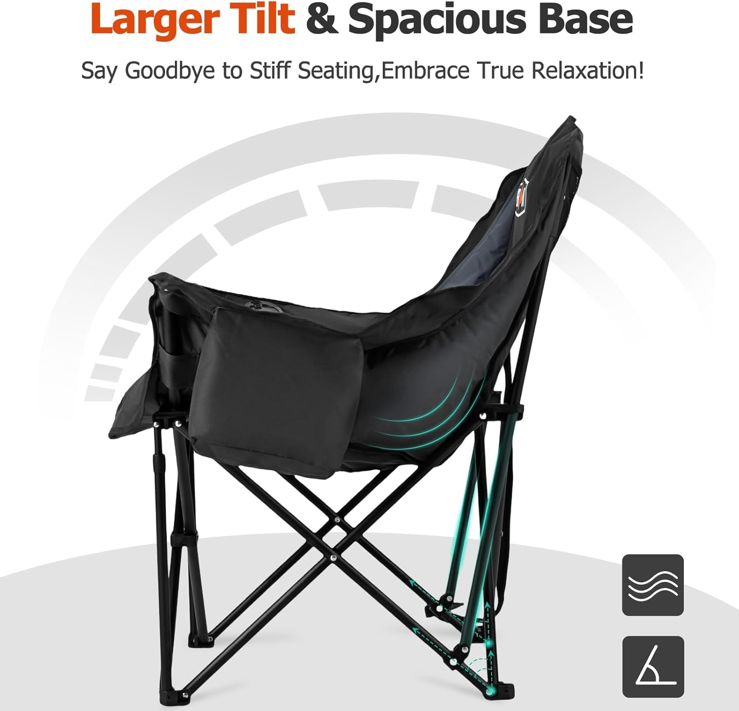 Una sedia da campeggio pieghevole nera con tasca laterale e la scritta Larger Tilt & Spacious Base.
