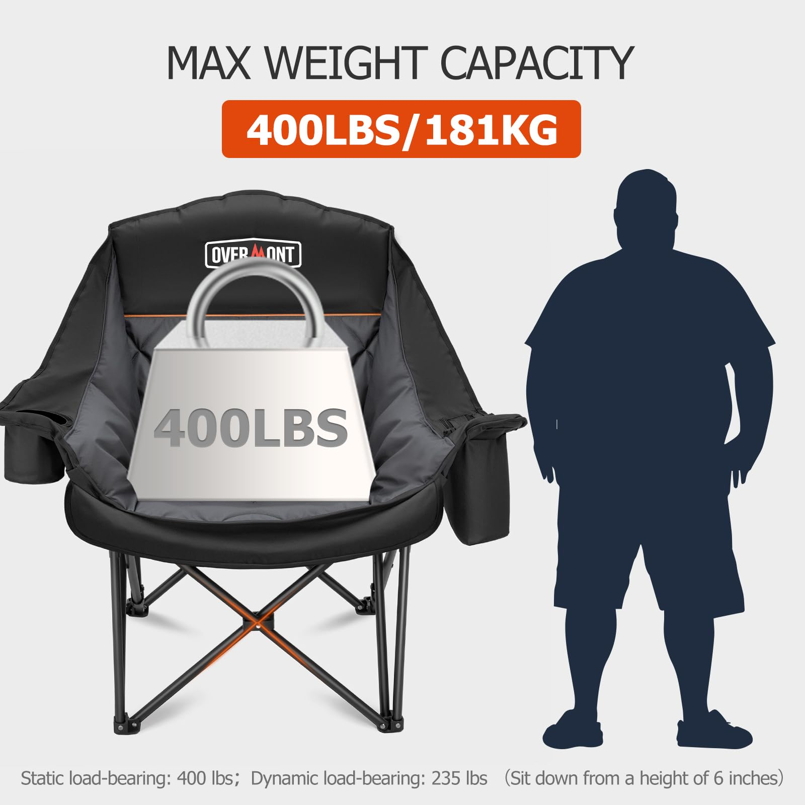 Diagramma che mostra una sedia da campeggio nera con portata di 400 lbs o 181 kg e la silhouette di una persona.