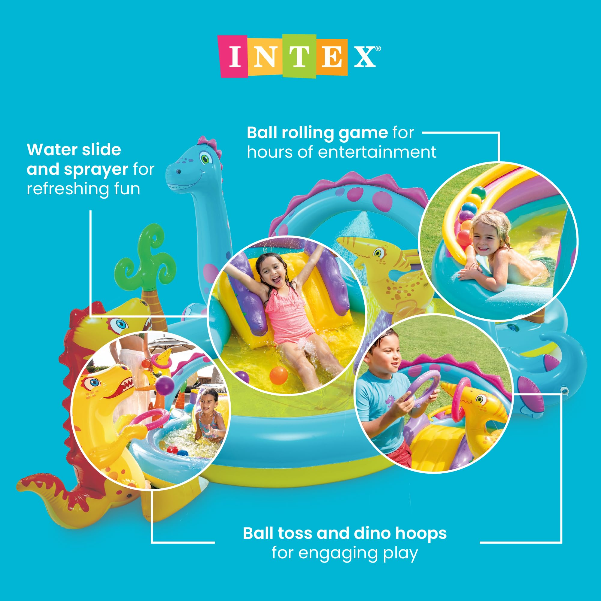 Ein Intex-Dinosaurier-Wasserspielplatz mit Rutsche, Pool und spielenden Kindern.