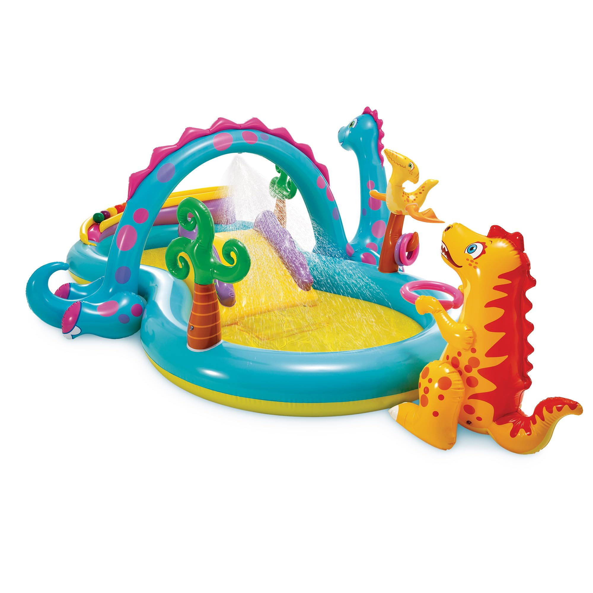 Ein aufblasbares Wasserspielparadies im Dinosaurier-Design mit Rutsche, Sprühbogen und einem gelben Dino.
