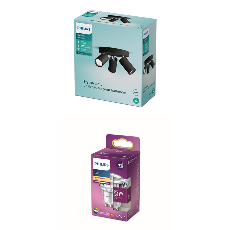 Spot de salle de bain Philips et ampoule LED Philips dans leurs emballages respectifs.
