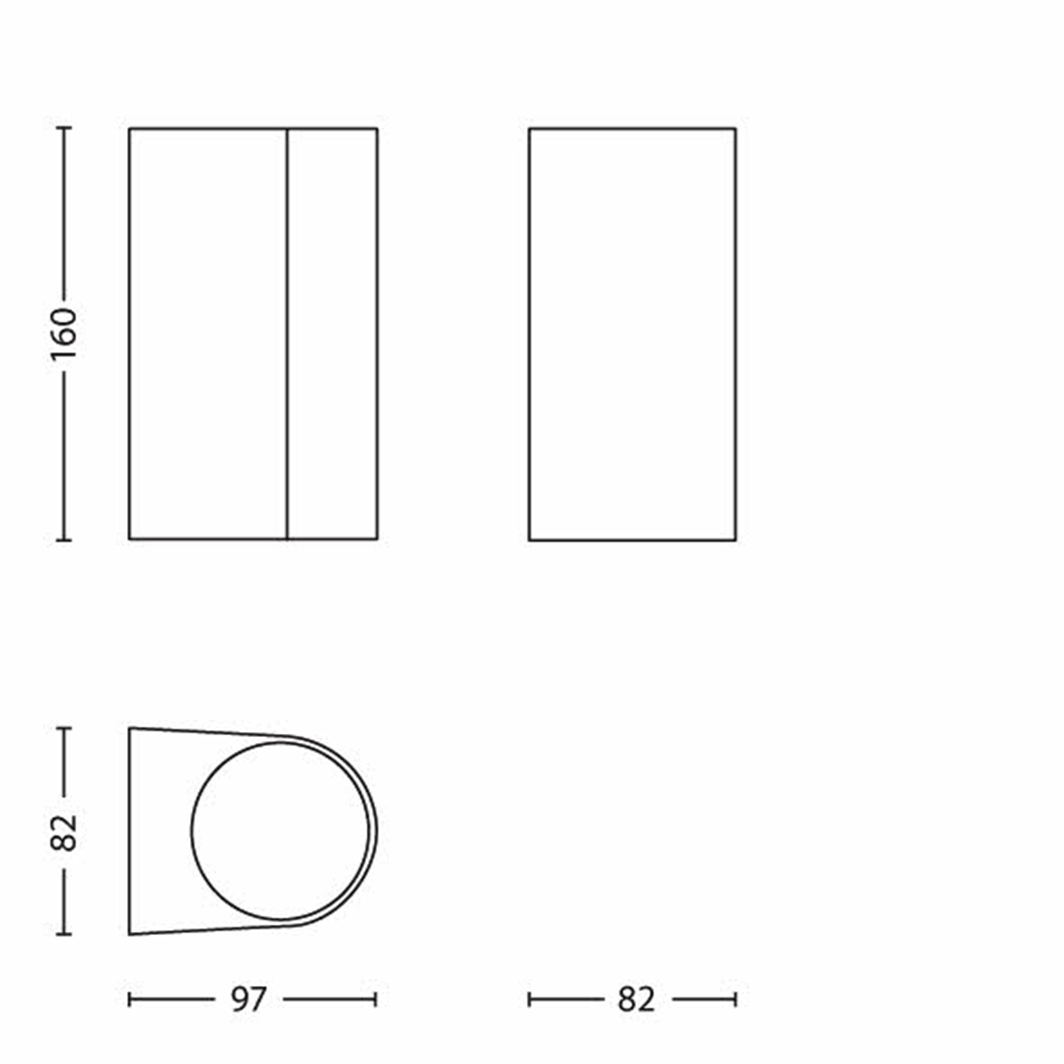Dessin technique d'un objet rectangulaire et semi-circulaire avec des dimensions 160, 97 et 82.