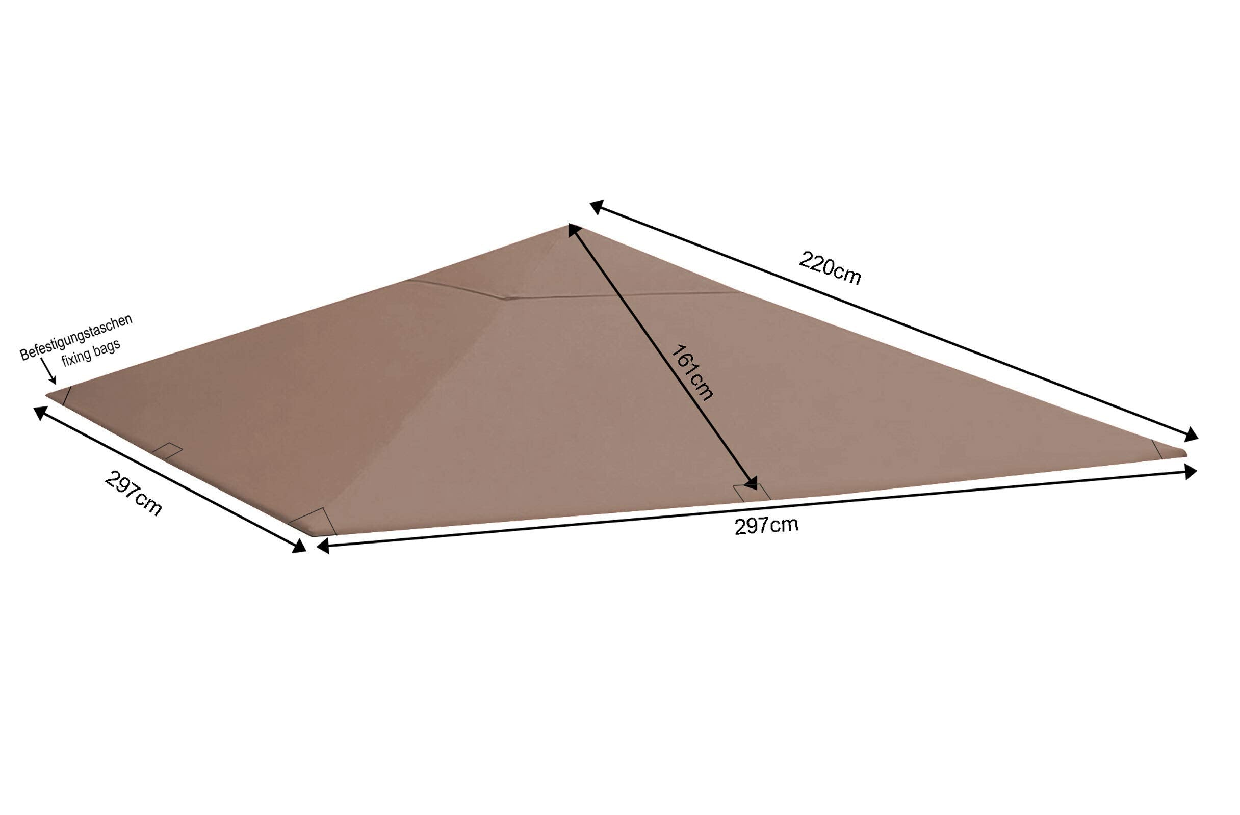 Diagramm eines braunen Pavillondachs mit Maßangaben von 297x297 cm, 220 cm und 161 cm.