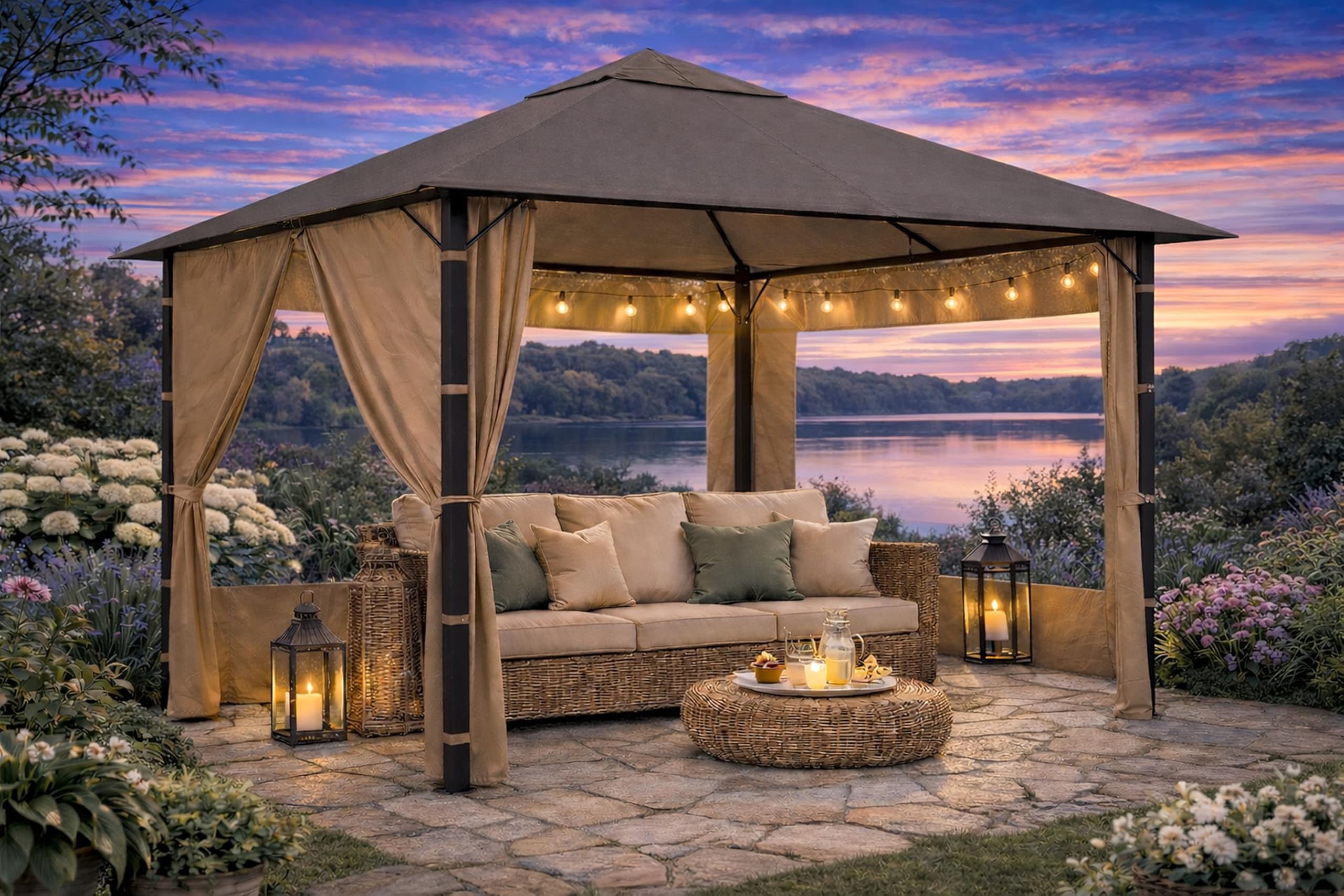 Ein beleuchteter Pavillon am See bei Sonnenuntergang mit einem Sofa, Kissen und Laternen.