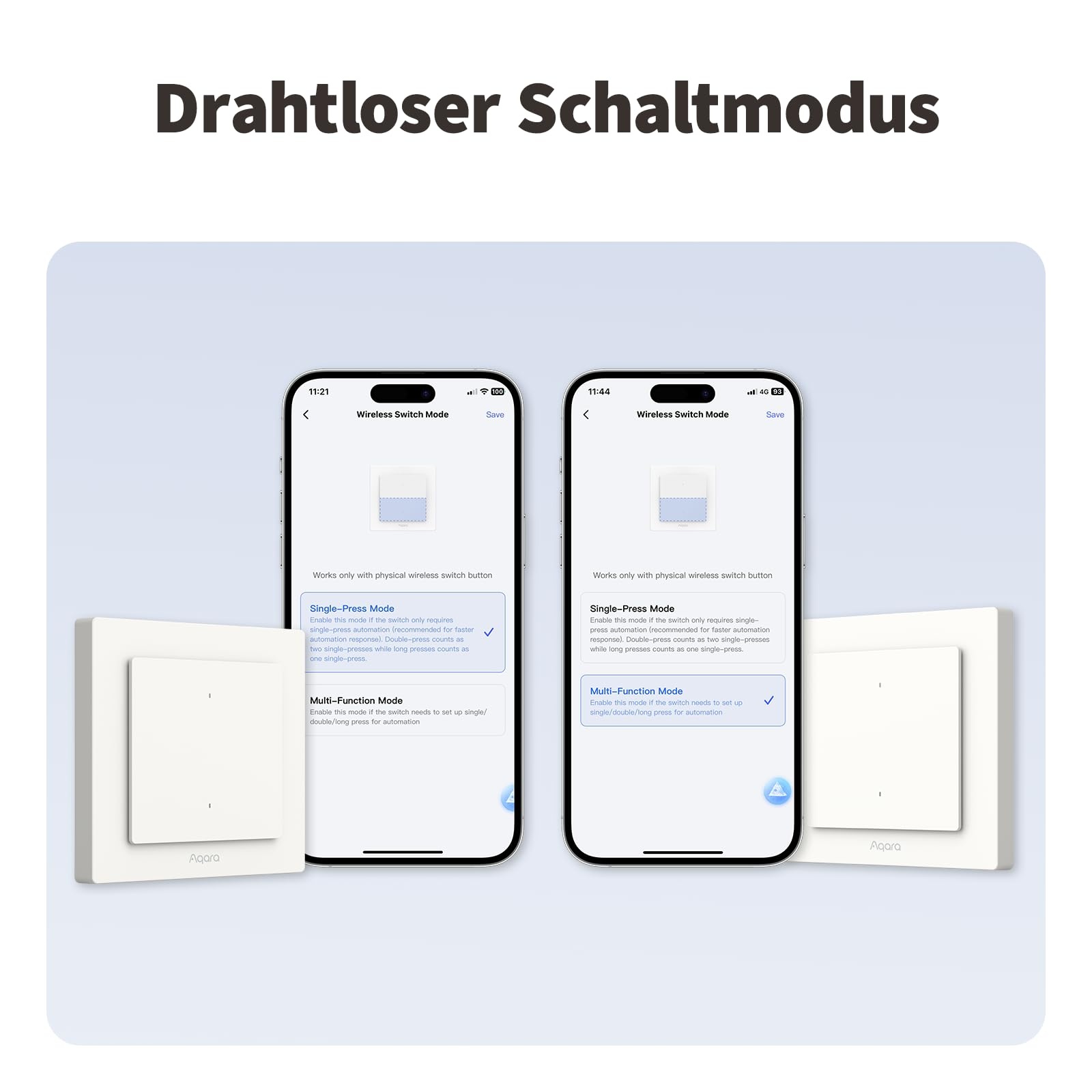 Due smartphone mostrano le impostazioni dell'interruttore wireless vicino a due interruttori a parete Aqara.