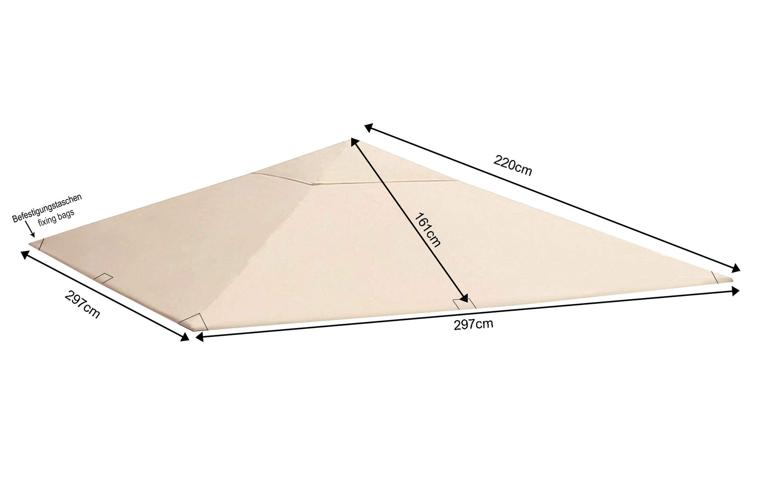 Beige Pavillardach mit Maßen: 297x297x220 cm und 161 cm Höhe.