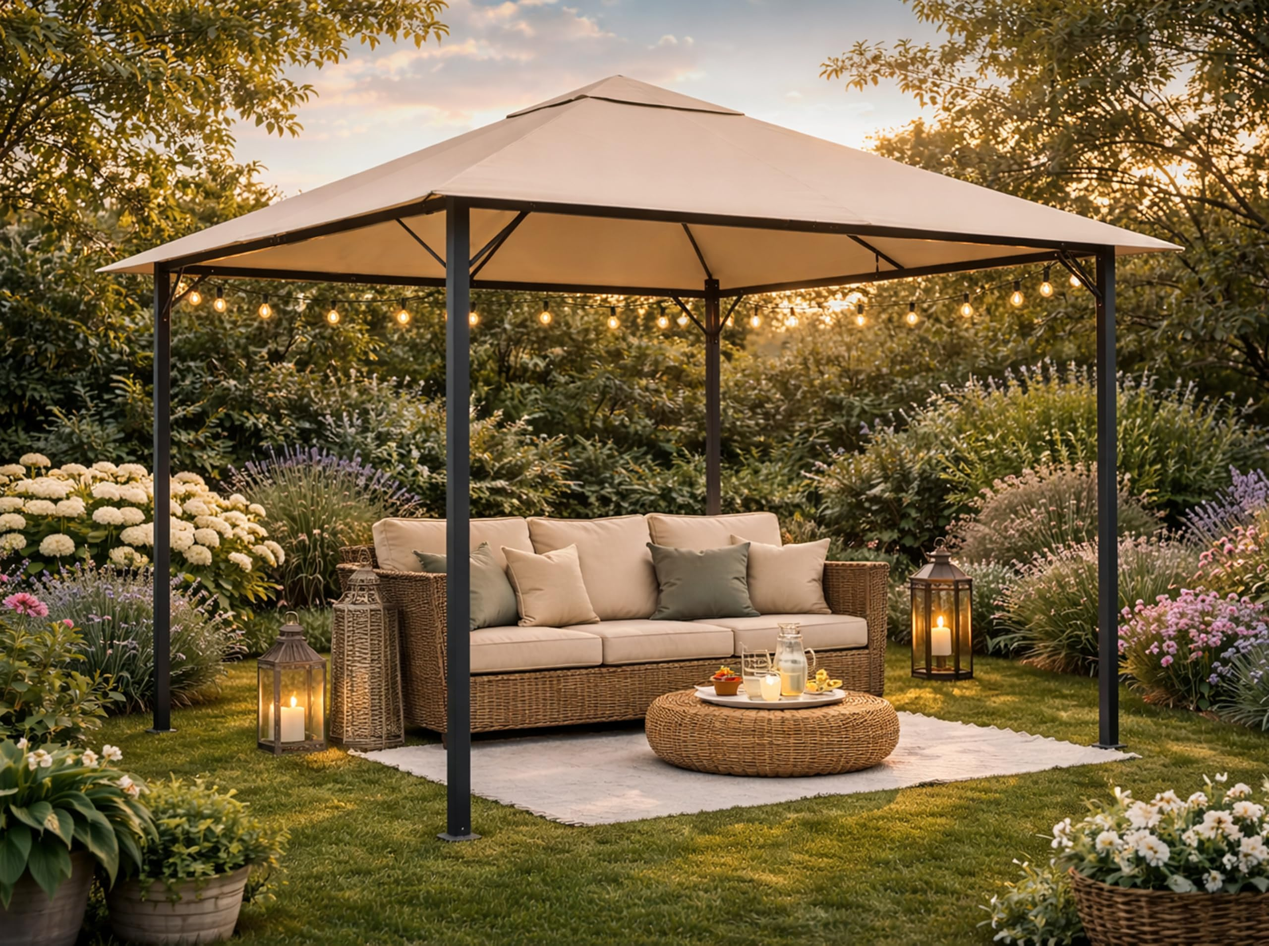 Ein beleuchteter Pavillon im Garten mit Rattansofa, Beistelltisch und Laternen im grünen Garten.