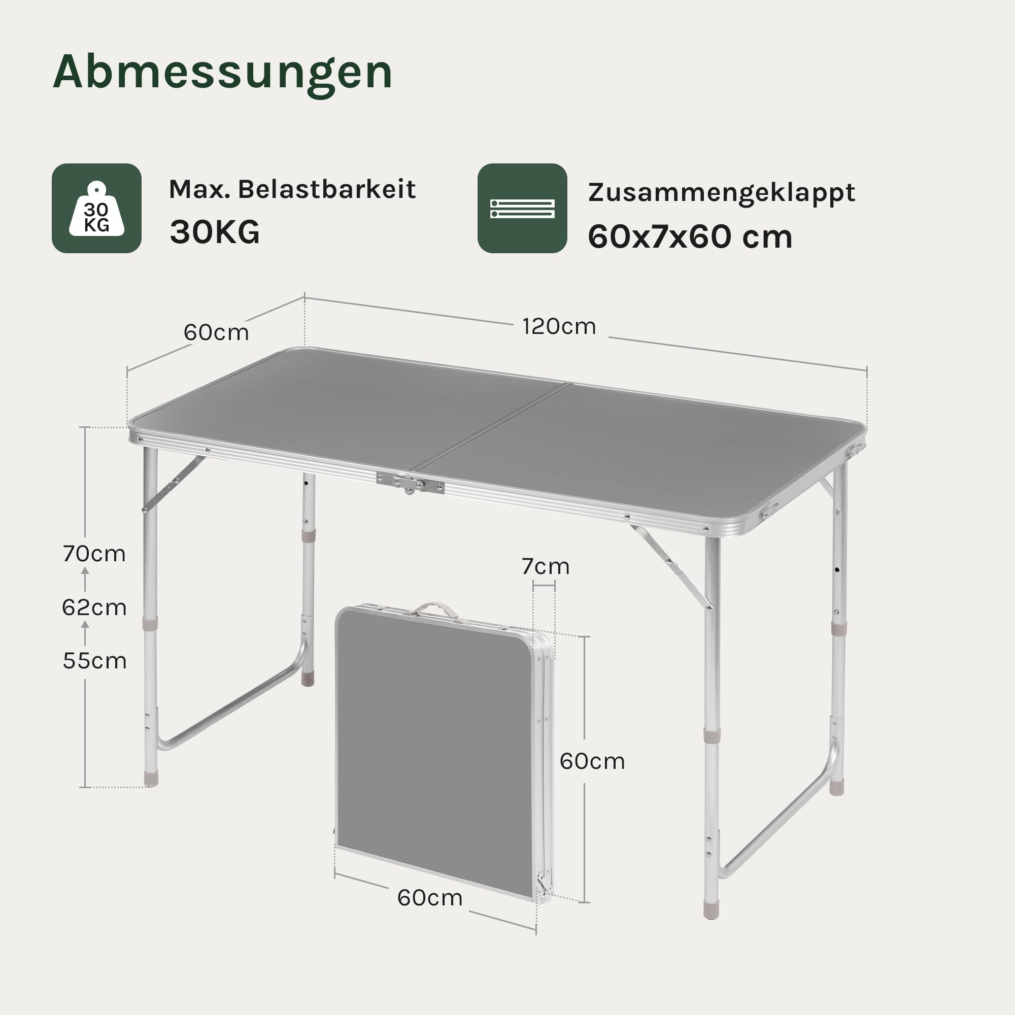 Disegno tecnico di un tavolo da campeggio pieghevole con dimensioni e peso.