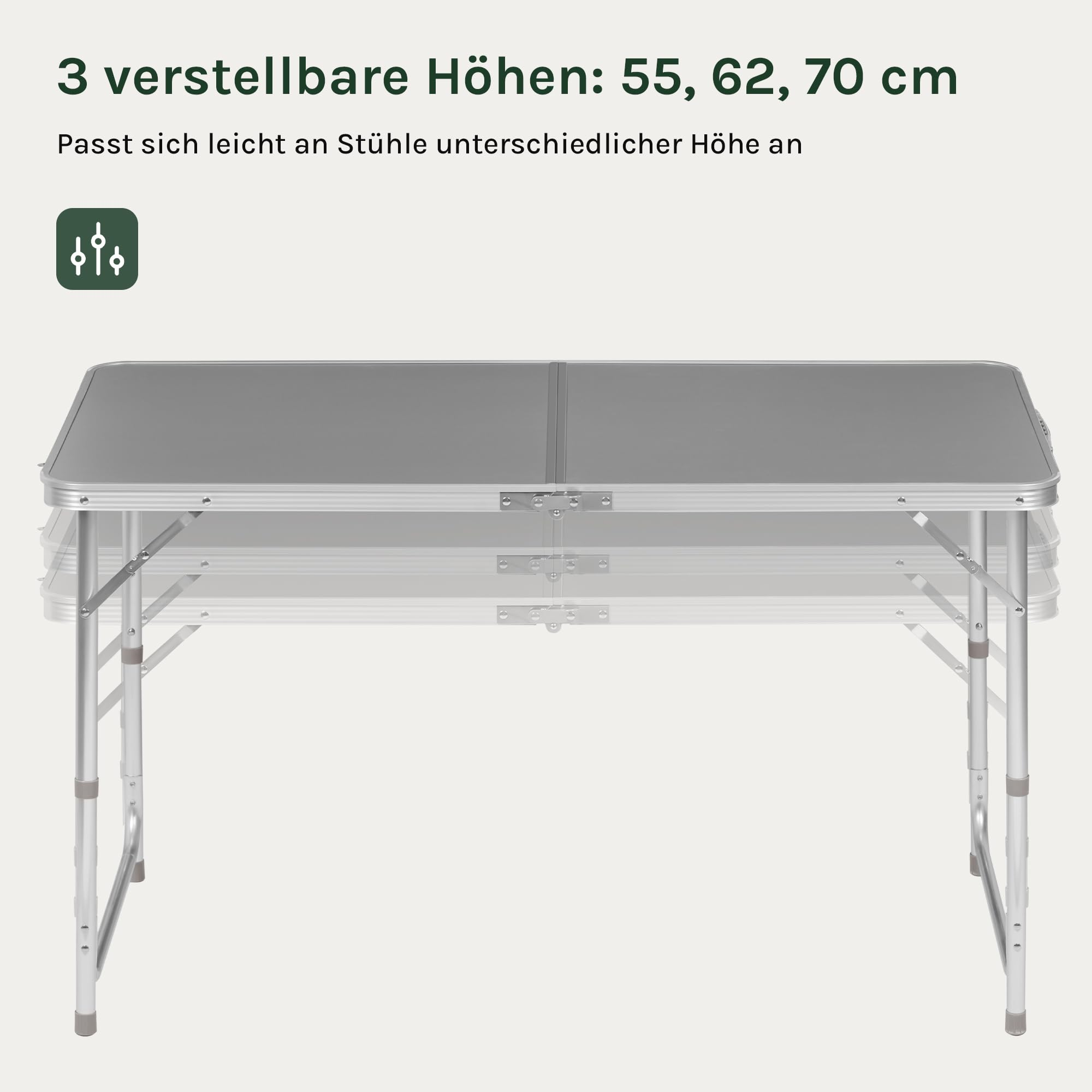 Un tavolo da campeggio grigio con tre altezze regolabili di 55, 62 e 70 cm.