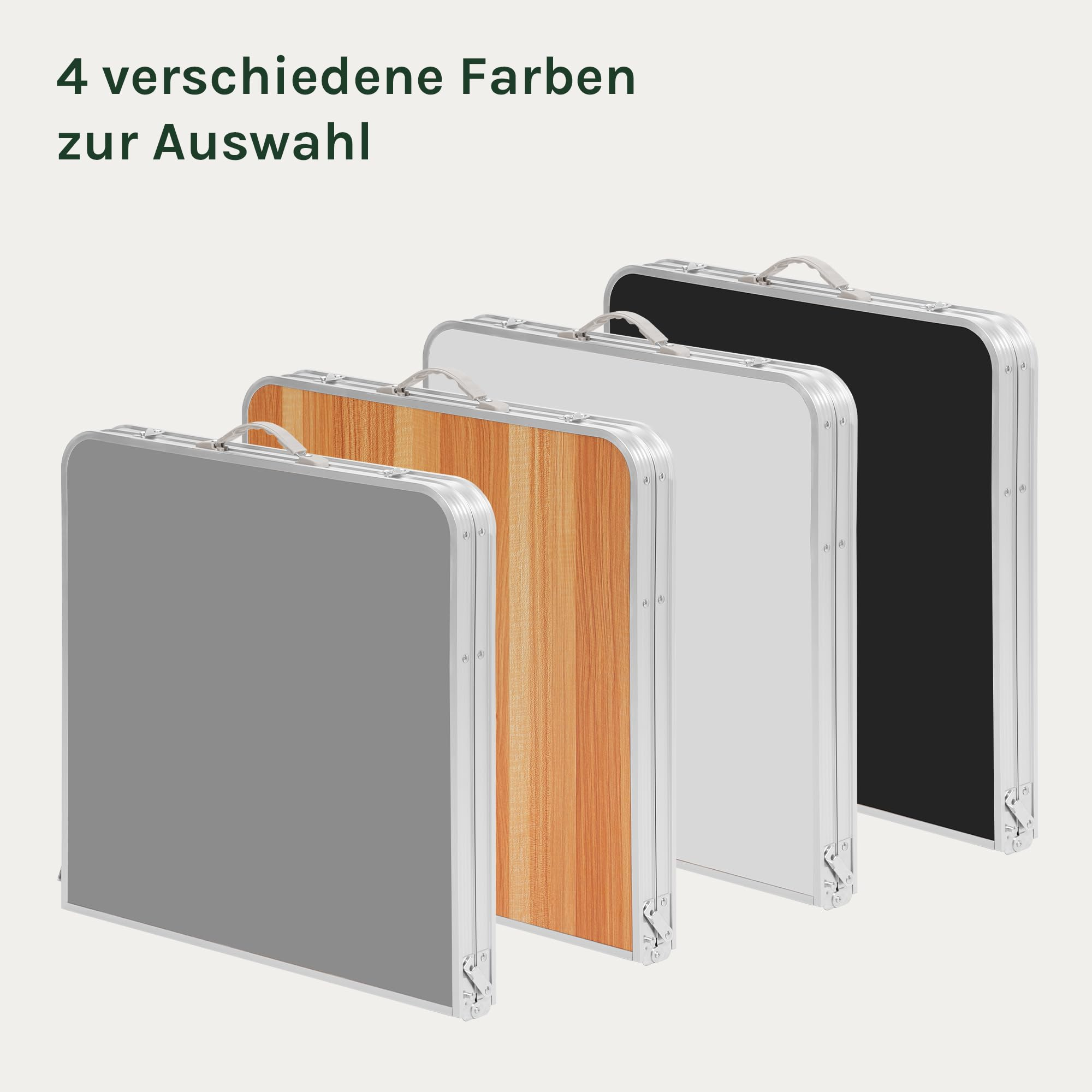 Quattro colori tra cui scegliere: tavoli pieghevoli in grigio, effetto legno, bianco e nero con telaio in alluminio.