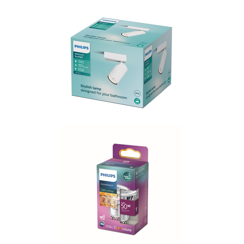 Emballage de projecteur de salle de bain Philips avec spot blanc sur fond blanc.