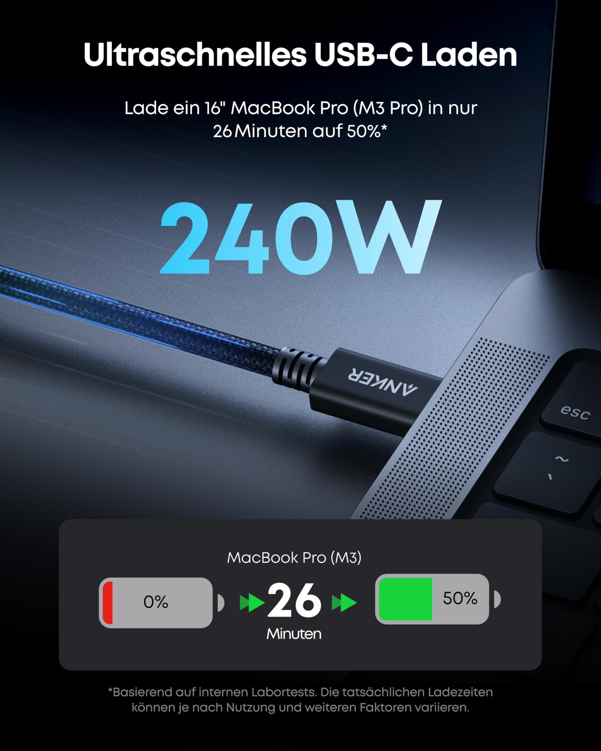 Ein blauer USB-C-Kabel ist an ein MacBook Pro angeschlossen, mit Text zu 240W schnellem Laden.