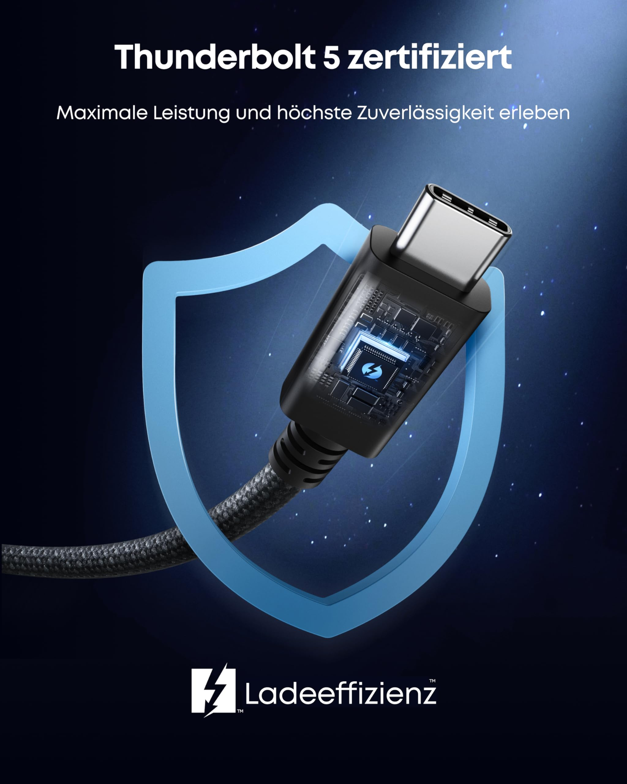 Thunderbolt 5 Kabel mit integriertem Chip und Schutzschild-Grafik auf blauem Hintergrund.