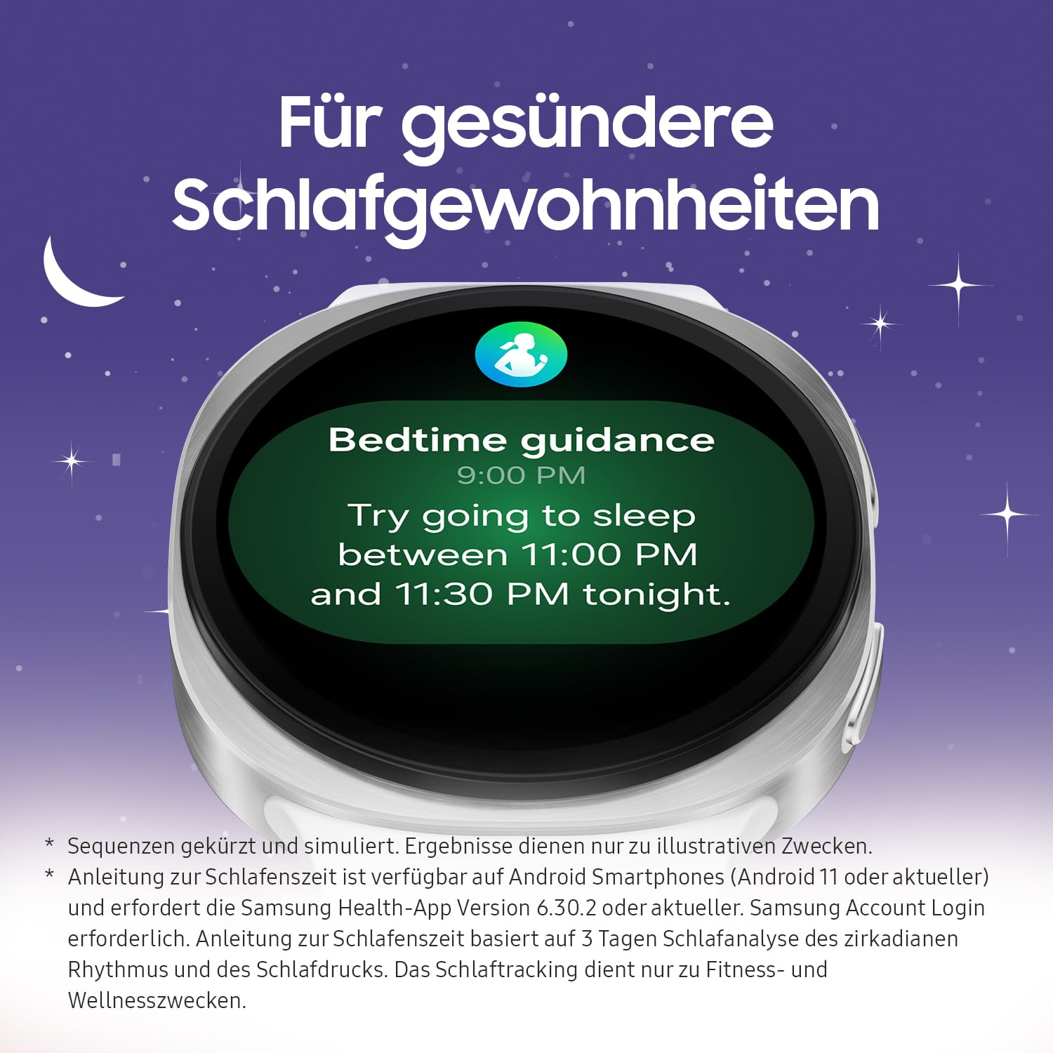 Montre connectée affichant des conseils de sommeil sur fond de ciel étoilé violet.