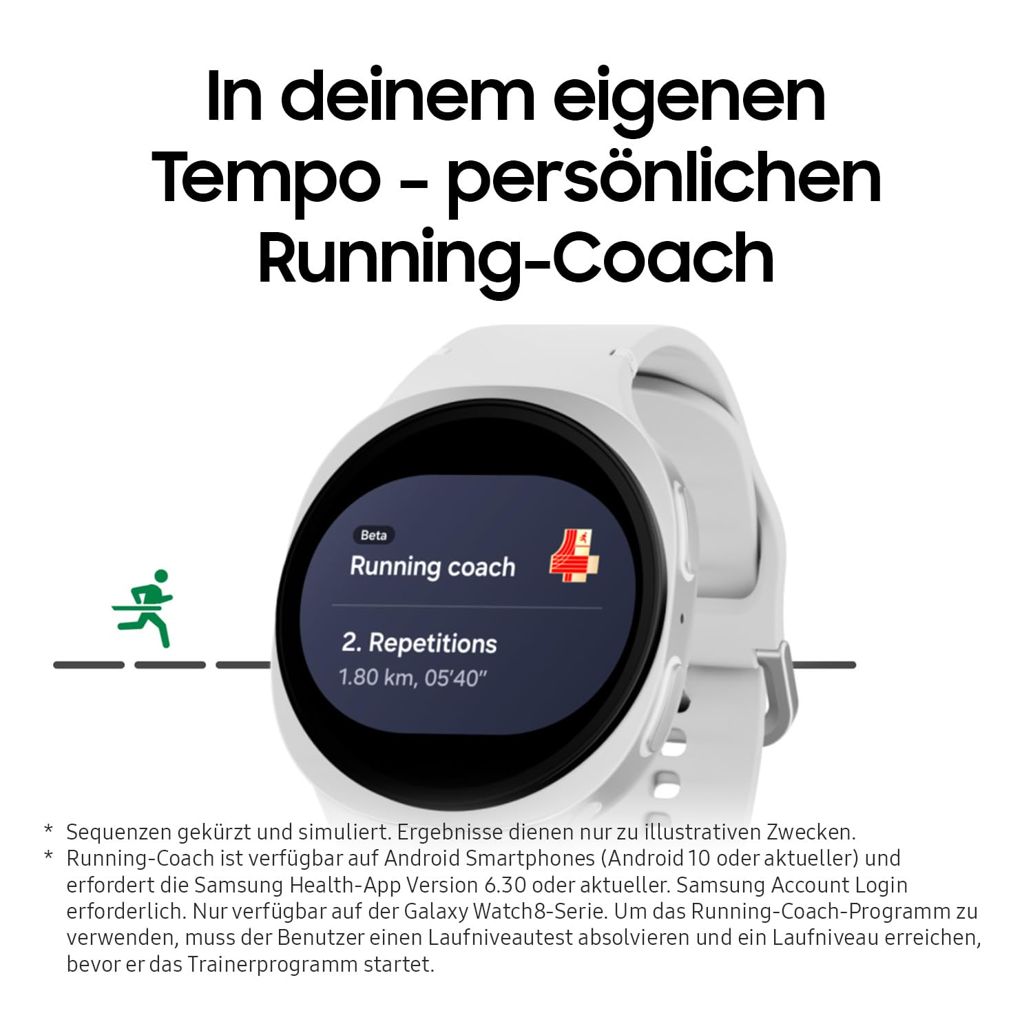 Une montre Samsung Galaxy blanche avec application de course et texte en allemand.
