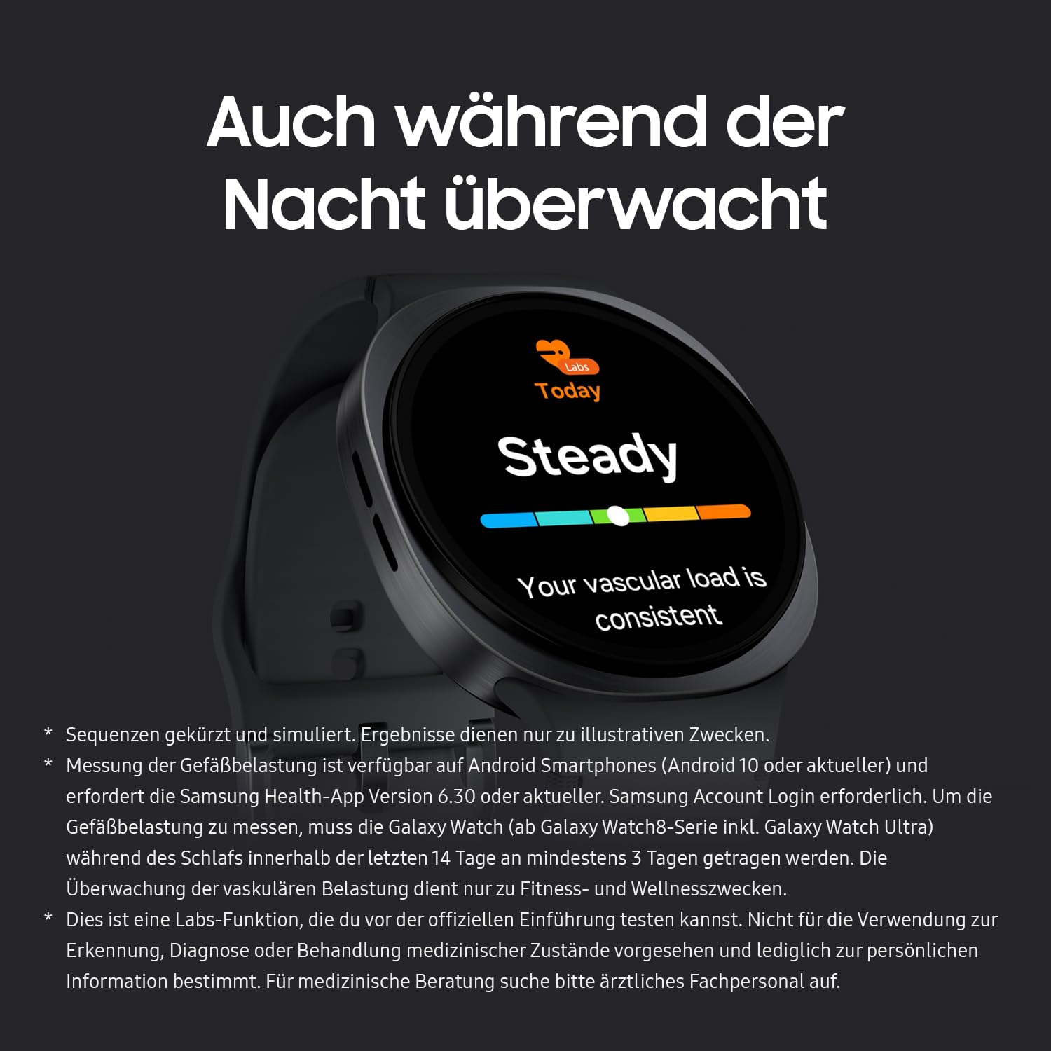 Une montre connectée affiche l'état de la charge vasculaire, avec du texte en allemand.