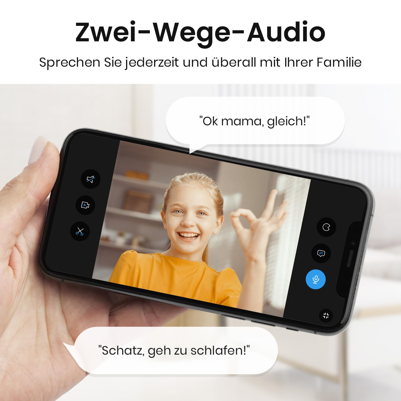 Un smartphone affiche un appel vidéo avec une fille et des bulles de parole audio.