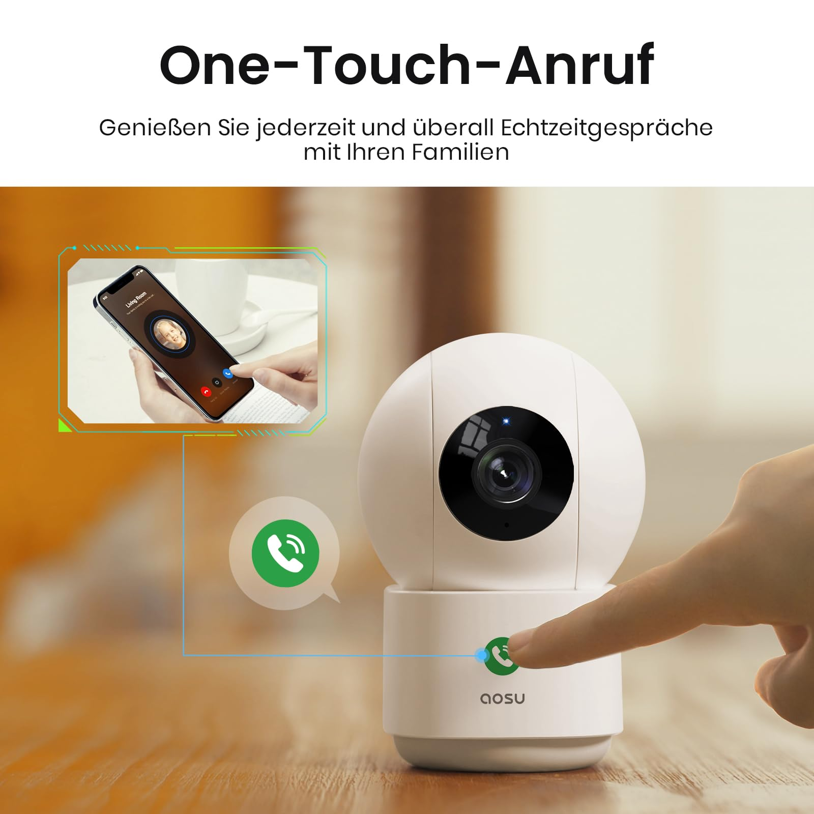 Une main appuie sur un bouton d'appel vert d'une caméra de sécurité blanche connectée à un smartphone.