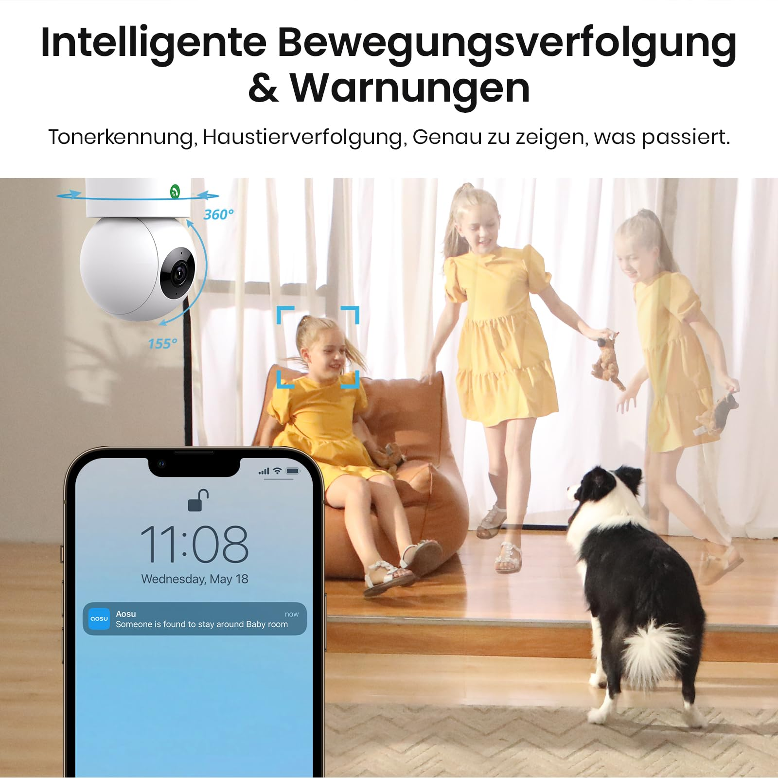 Caméra de sécurité, un enfant et un chien dans une pièce, avec un smartphone affichant une notification.