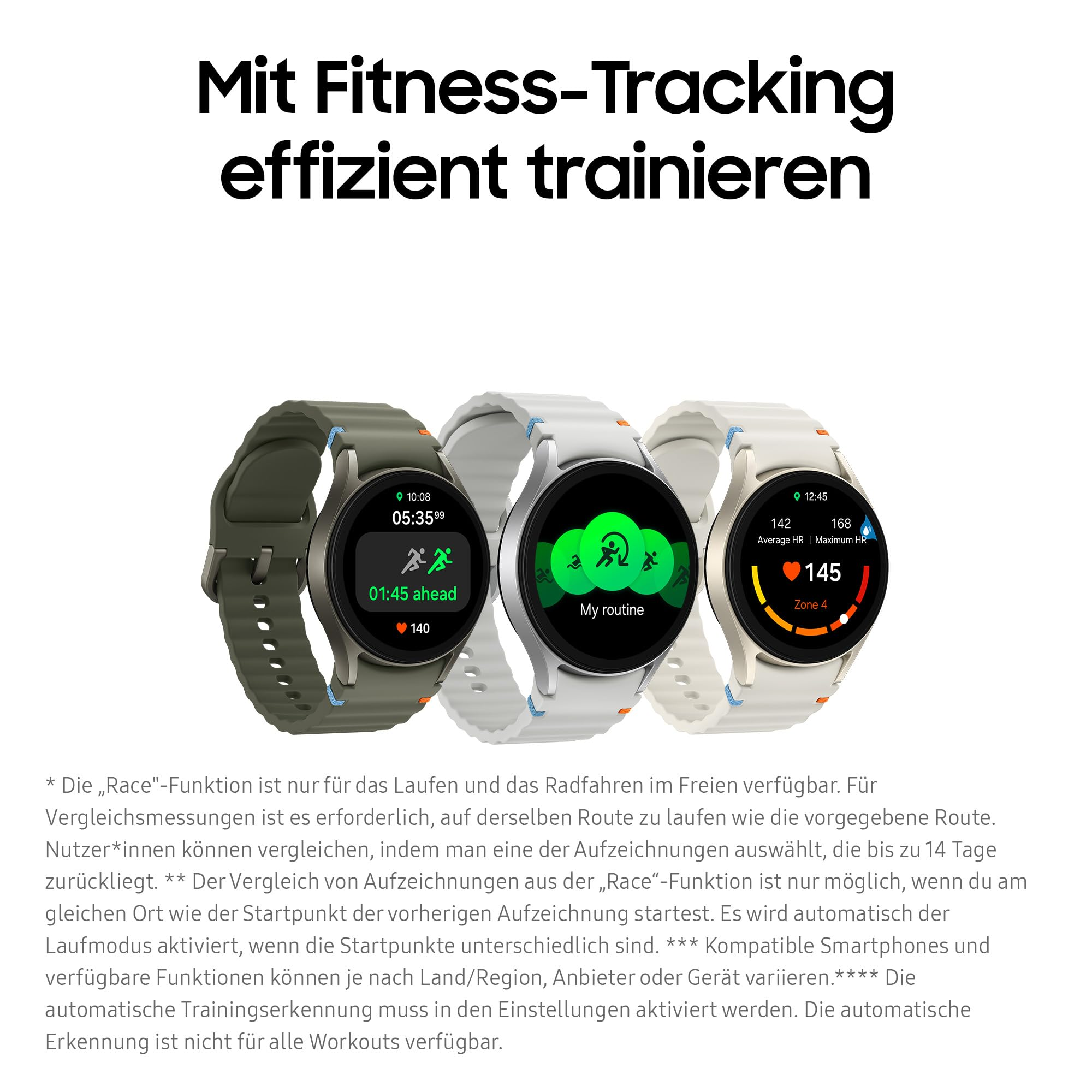 Tre smartwatch con dati di fitness sui display sono affiancati su uno sfondo bianco.