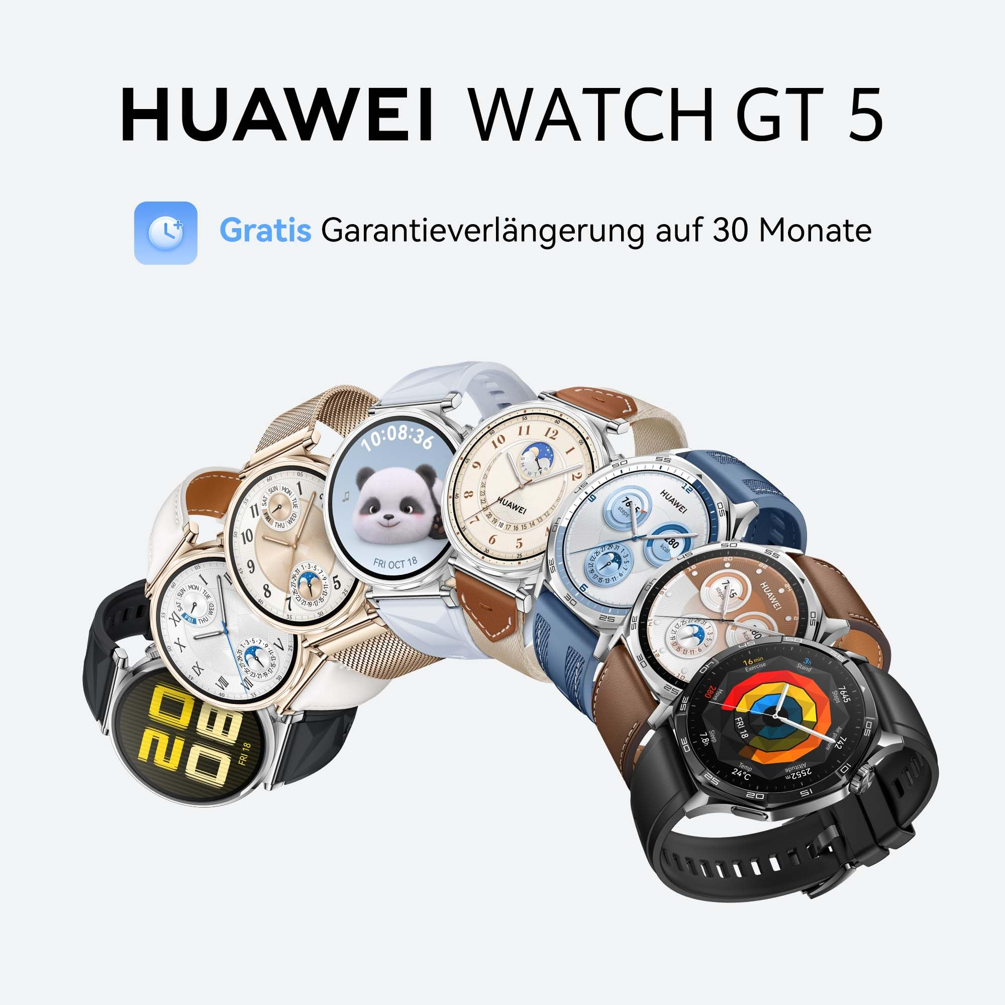Vari modelli di Huawei Watch GT 5 presentati in un gruppo attraente.