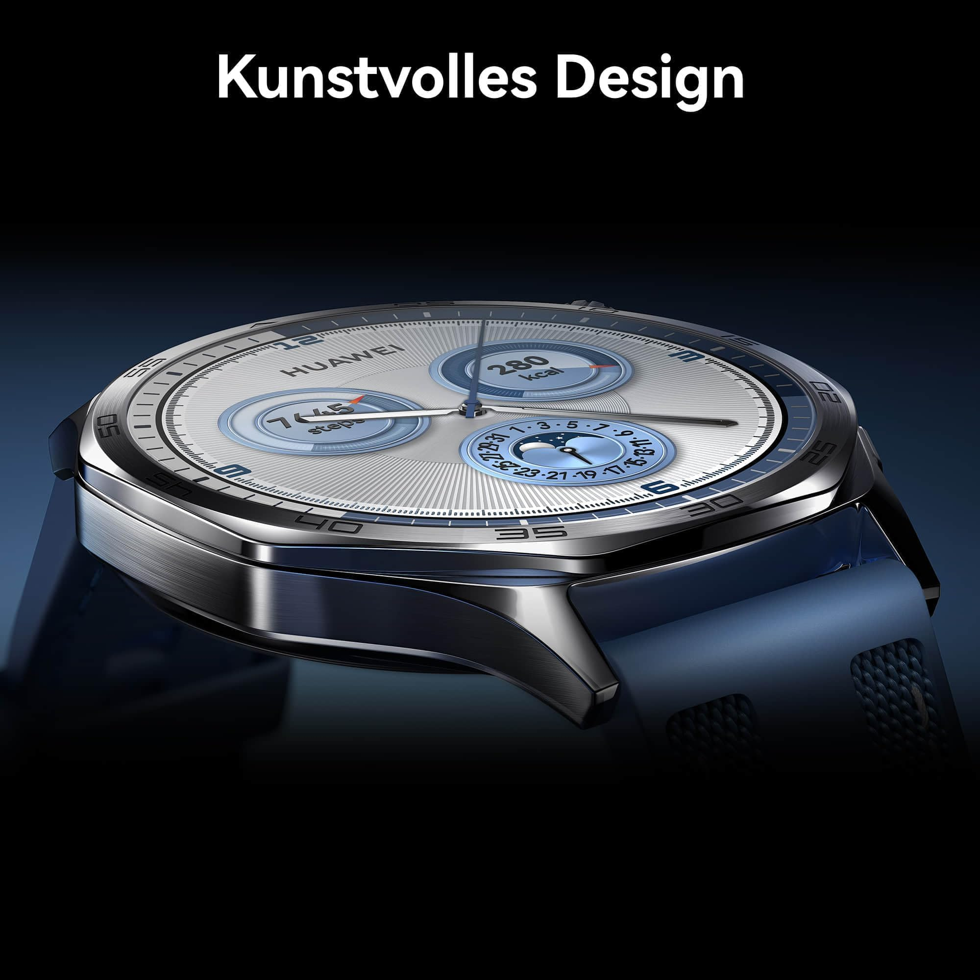 Un elegante smartwatch Huawei con cassa argento e cinturino blu su sfondo scuro.