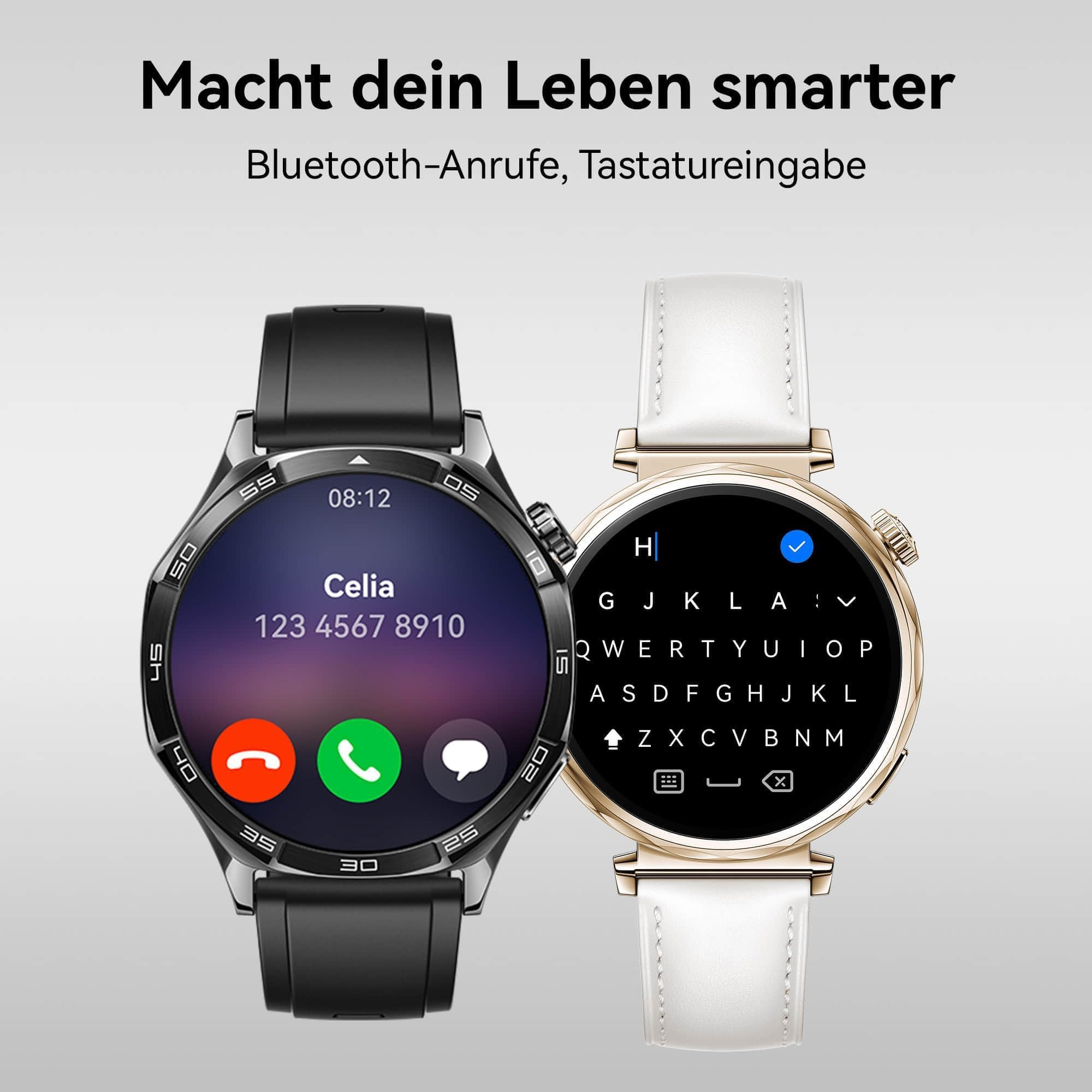 Due smartwatch con cinturino nero e bianco mostrano funzioni di chiamata e tastiera.