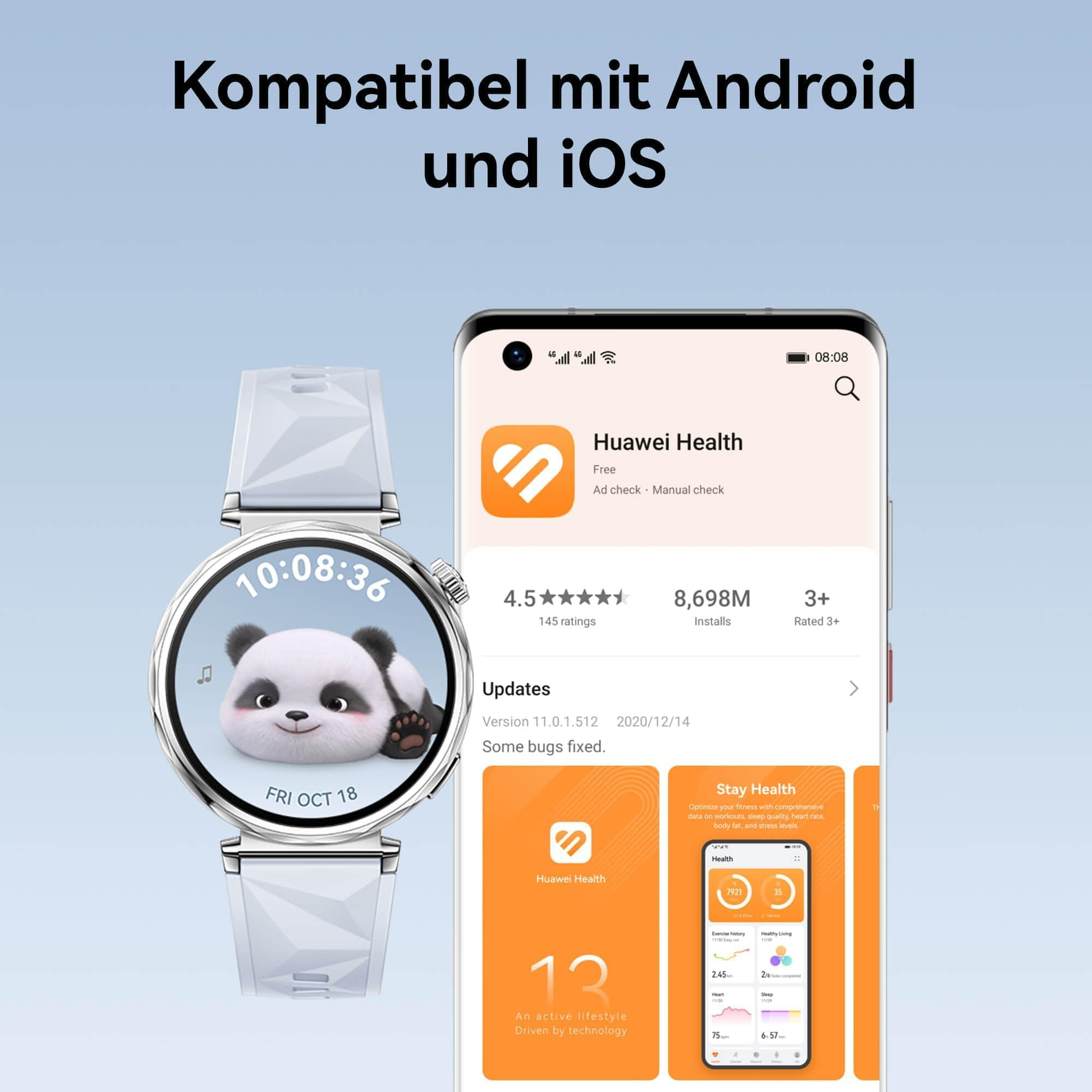 Uno smartwatch bianco con un panda sullo schermo accanto a uno smartphone che mostra l'app Huawei Health.
