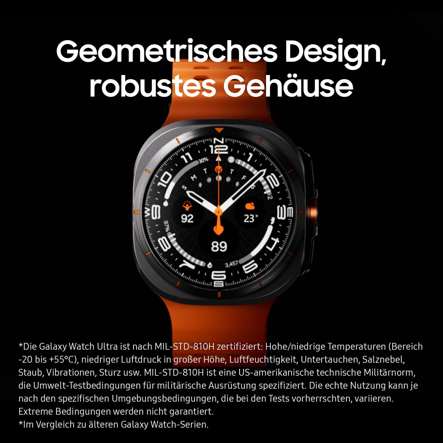 Un Samsung Galaxy Watch Ultra con cinturino arancione e testo descrittivo.