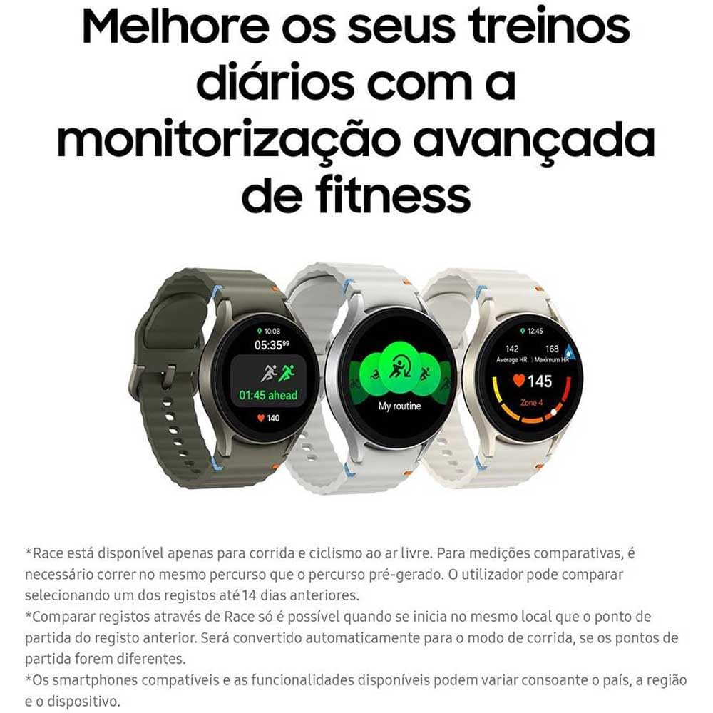 Pubblicità di smartwatch fitness che mostra tre orologi in diversi colori con testo in portoghese.