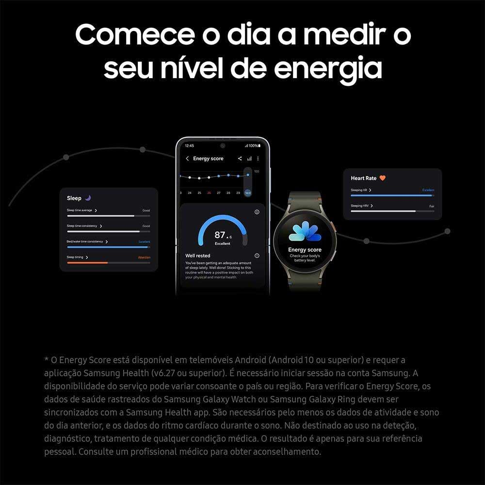 Smartwatch e telefoni mostrano punteggio energia Samsung Health e monitoraggio sonno su sfondo scuro.