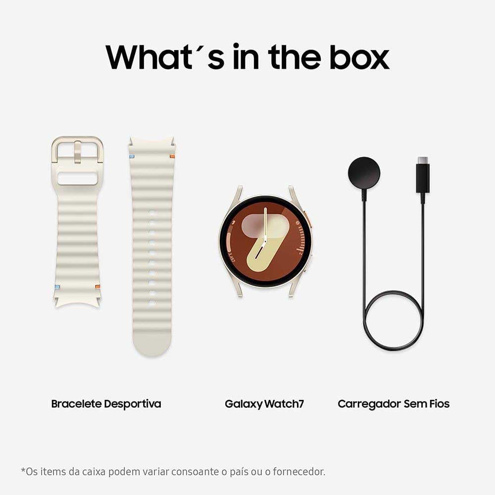 Contenuto della confezione: cinturino sportivo, Galaxy Watch7 e caricabatterie wireless.