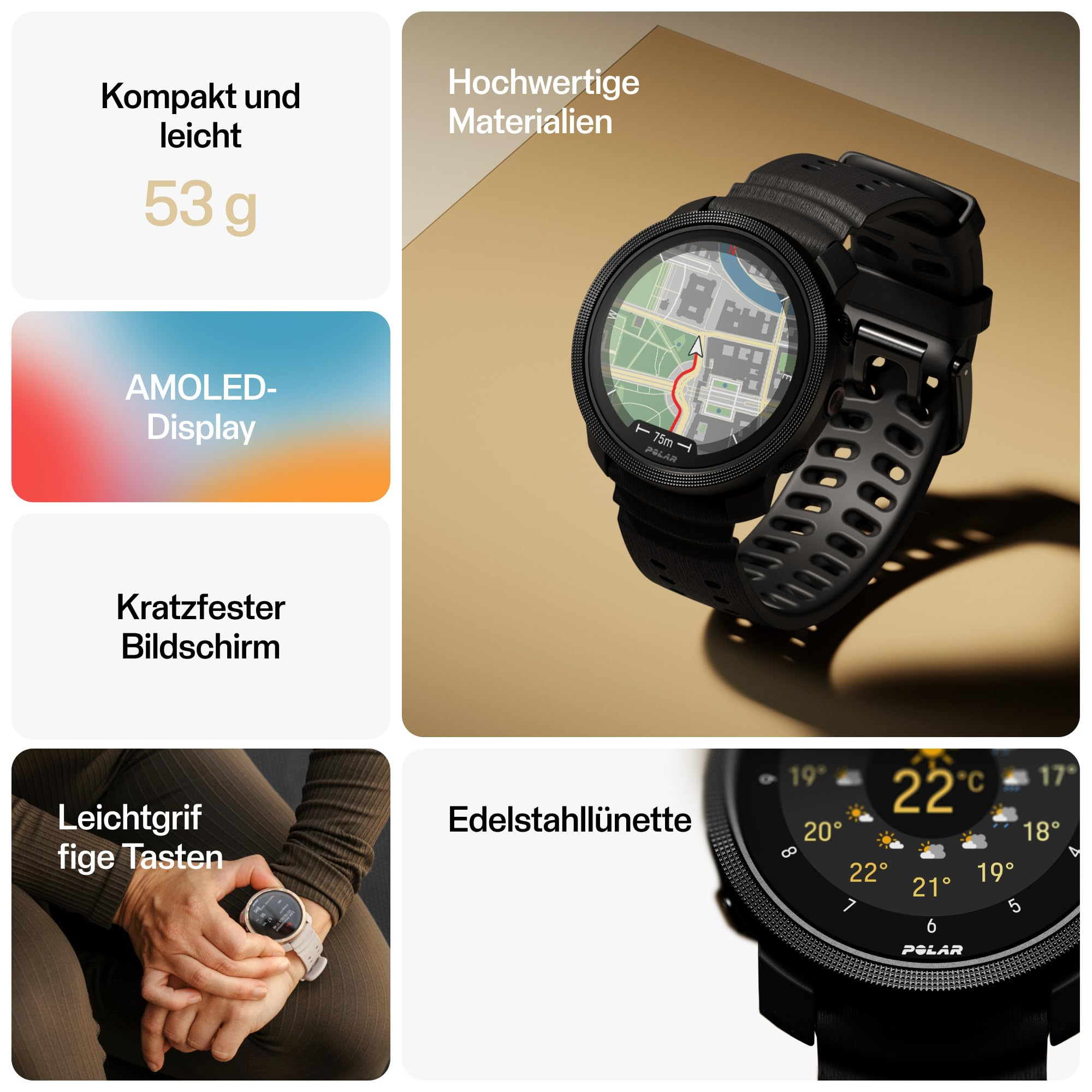 Un orologio sportivo nero con display AMOLED, ghiera in acciaio inox e mappa in un collage.