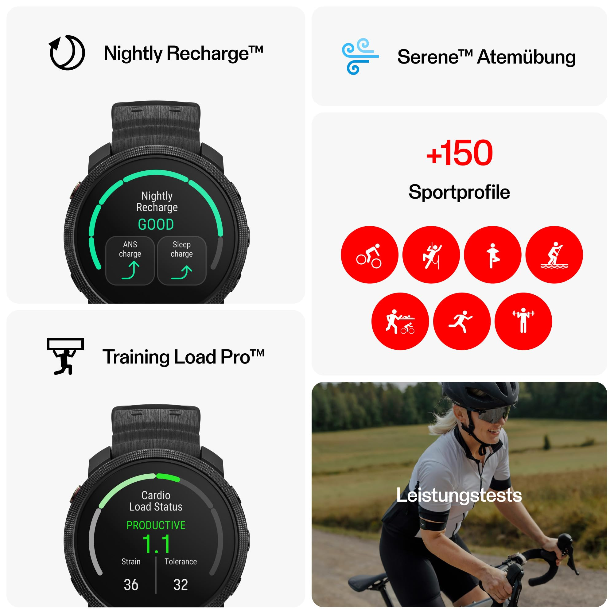 Funzioni dell'orologio fitness con Nightly Recharge, Training Load Pro, Serene, profili sportivi e test.