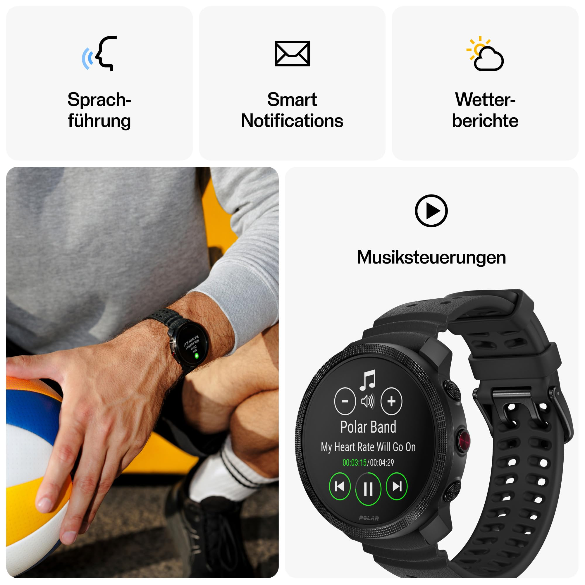 Un uomo con un orologio sportivo nero tocca una palla; a destra sono mostrati i controlli musicali.