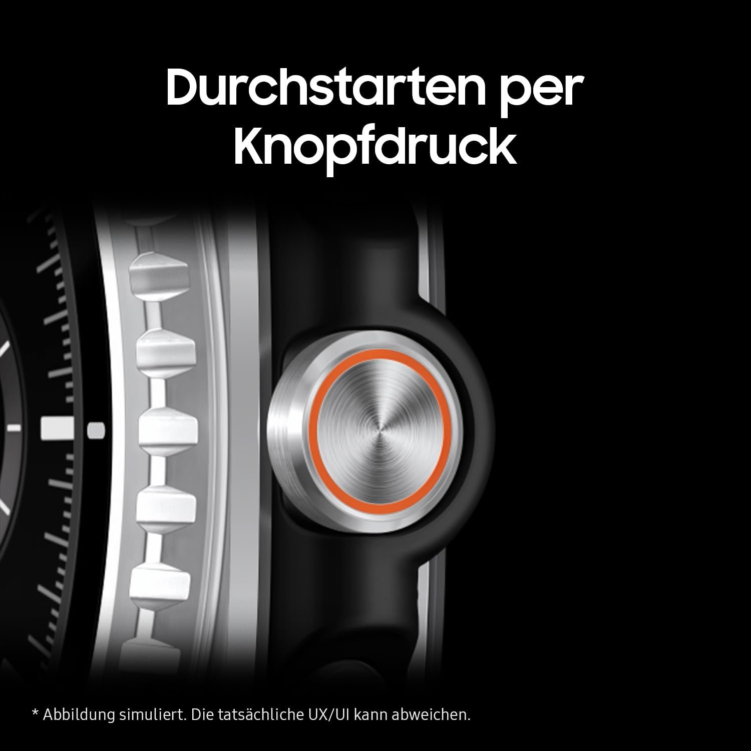 Primo piano di un pulsante laterale di smartwatch con anello arancione, cassa nera e testo in tedesco.