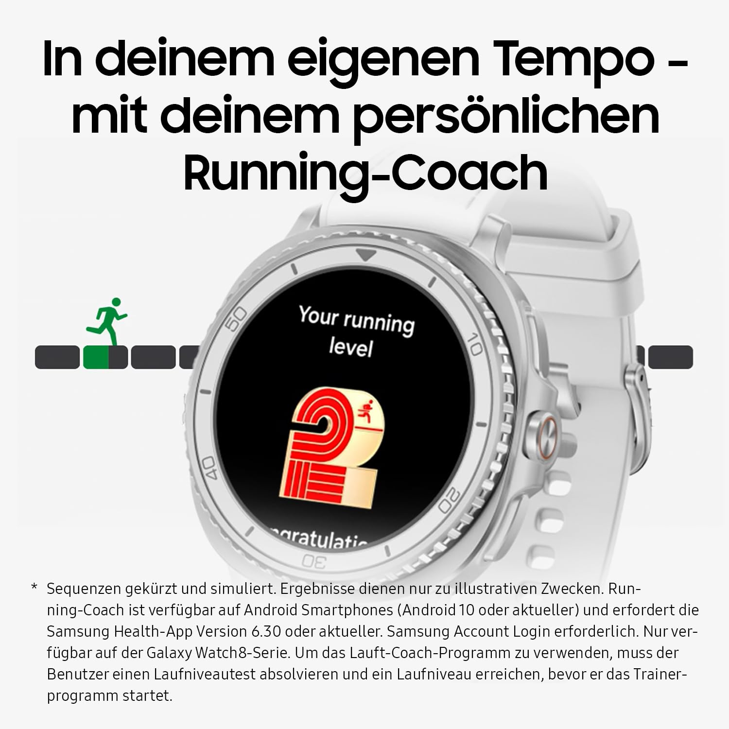 Uno smartwatch Samsung bianco mostra 'Your running level' e un'icona rossa '2' sullo schermo.
