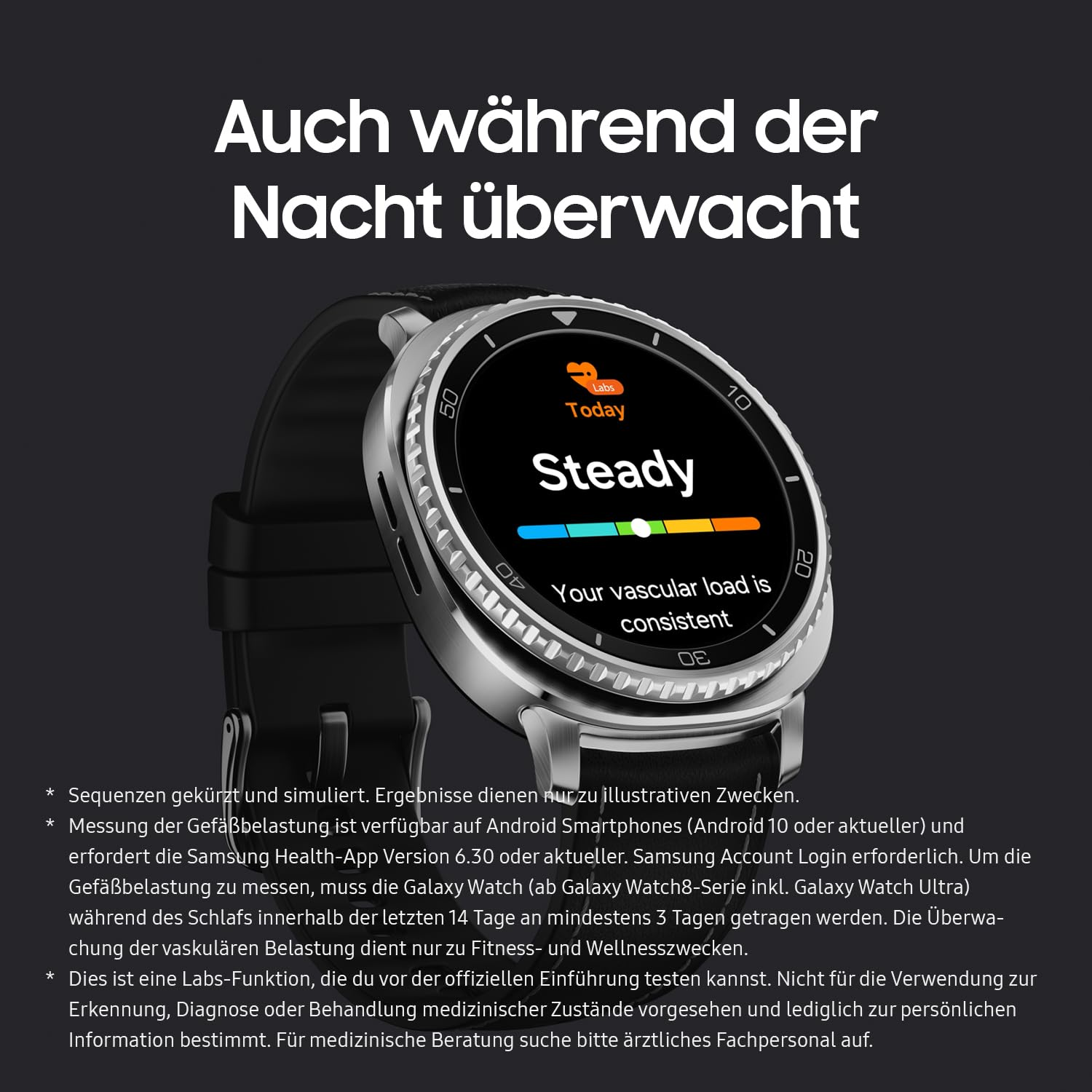 Uno smartwatch Samsung mostra dati sulla salute come "Steady" e "Your vascular load is consistent" sullo schermo.