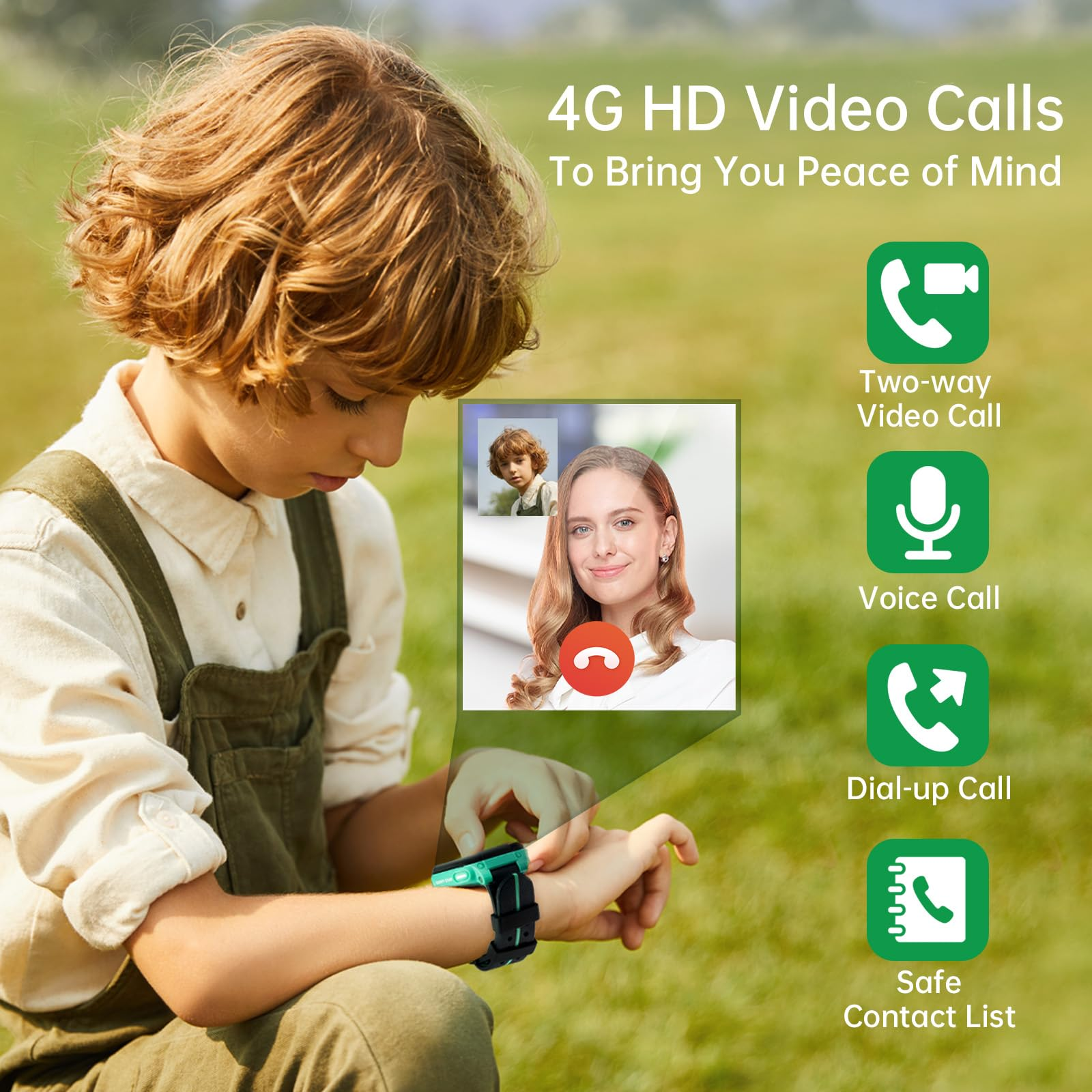 Ein Kind in grüner Latzhose schaut auf eine Smartwatch mit Videocall vor grünem Hintergrund.