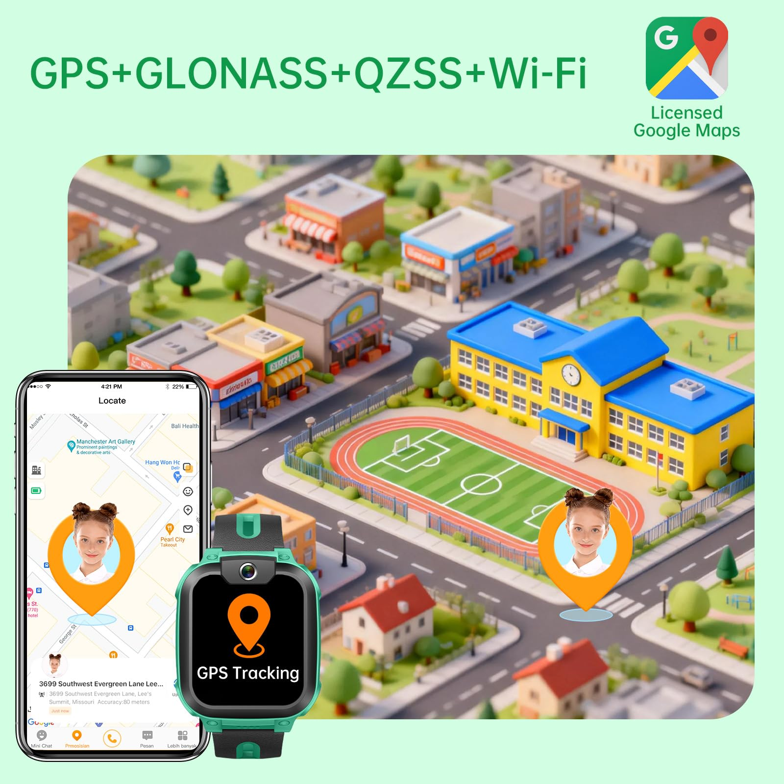 Ein Smartphone und eine Smartwatch zeigen GPS-Tracking über einer Miniaturstadt mit Schule, Straßen und Bäumen.