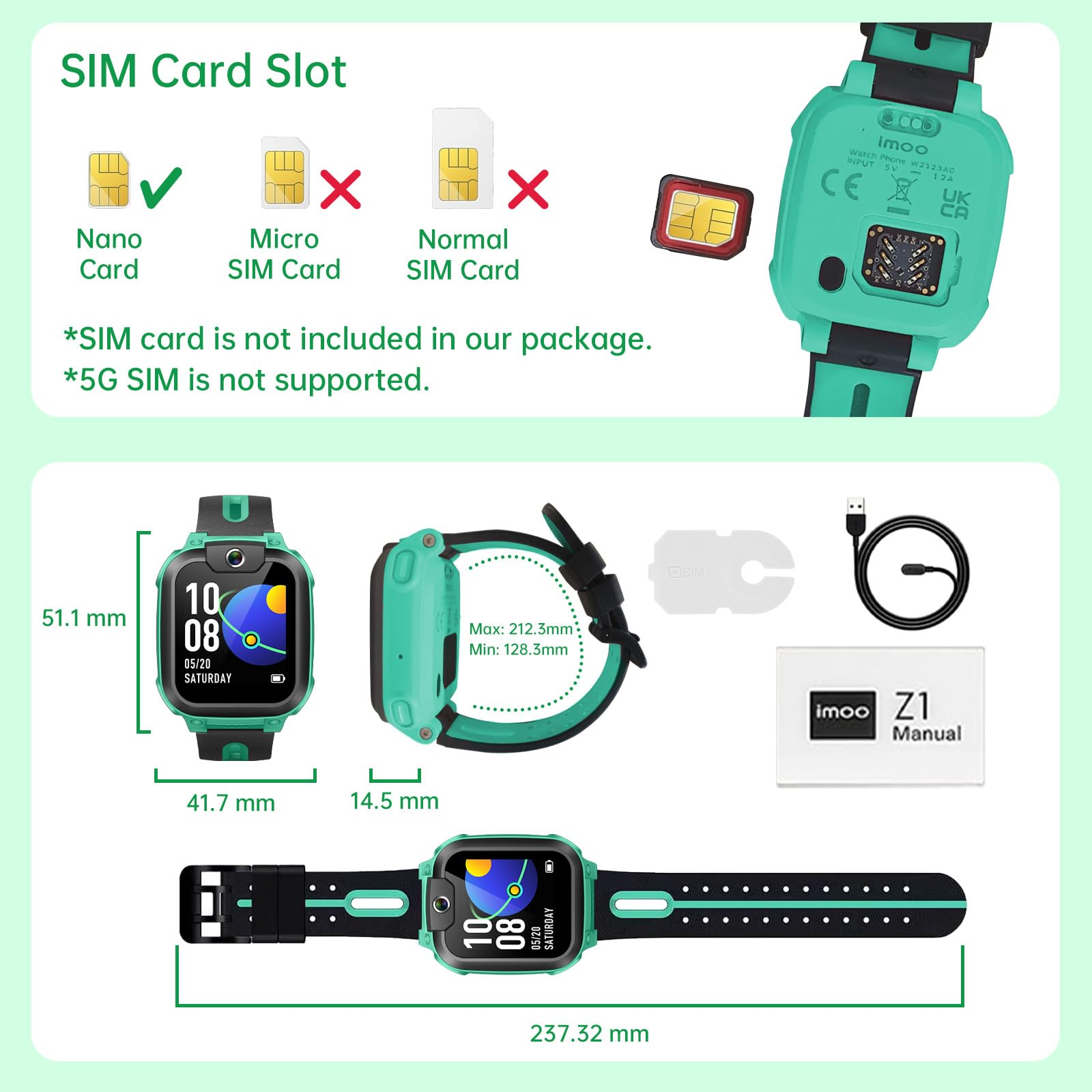 Infografik zeigt die SIM-Kartengrößen und Maße einer türkisen Kinder-Smartwatch mit Zubehör.