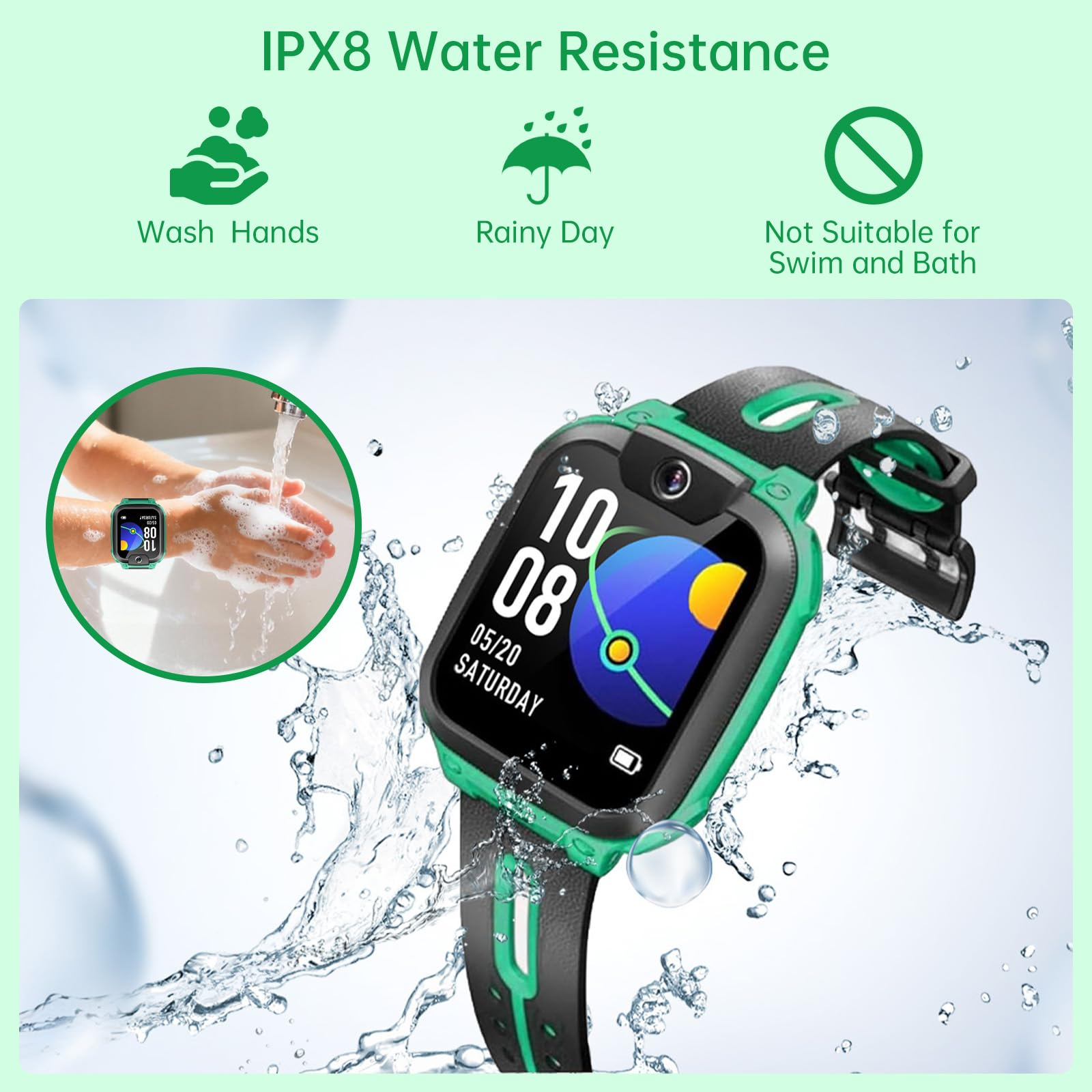 IPX8 wasserdichte Kinder-Smartwatch mit Handwasch- und Regensymbolen sowie spritzendem Wasser.