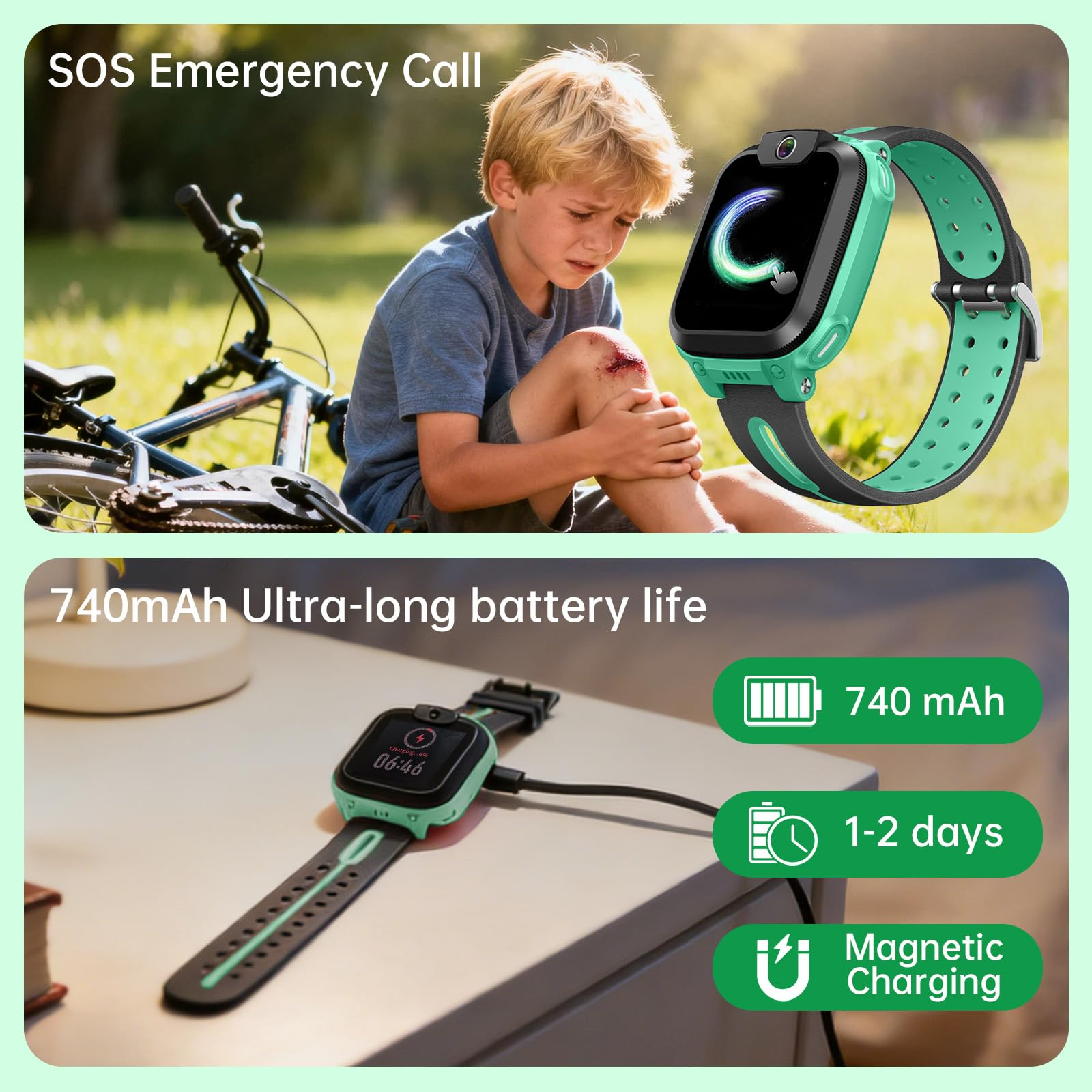 Ein Kind mit einer Schürfwunde am Knie und eine grüne Smartwatch mit SOS-Notruf und Akkuanzeige.